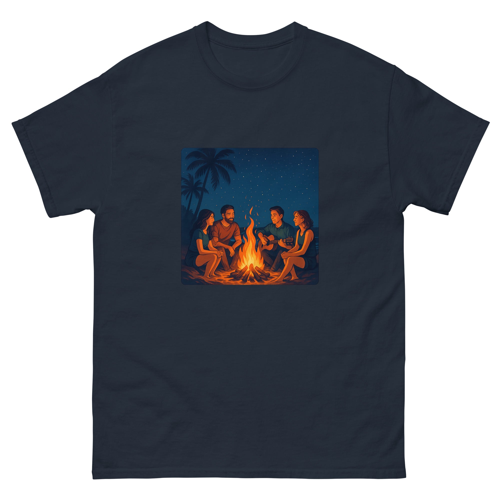 Beach Bonfire Night Hawaiian t-shirt design on a Navy unisex tee