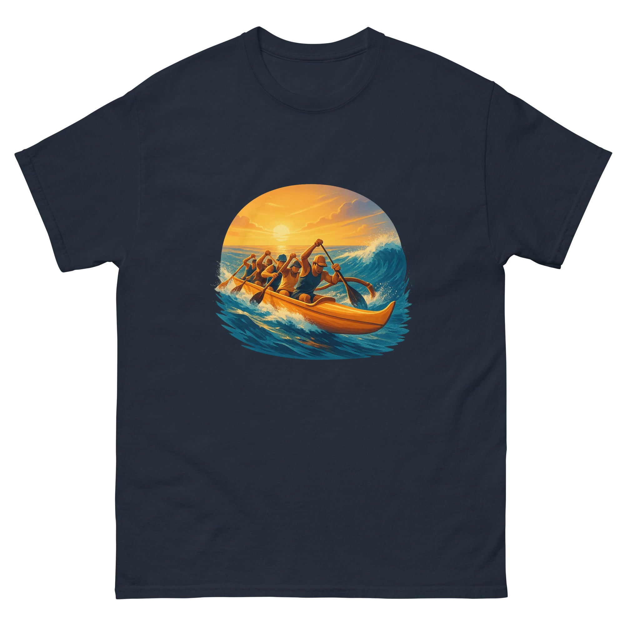 Outrigger Canoe Paddlers Hawaiian t-shirt design on a Navy unisex tee