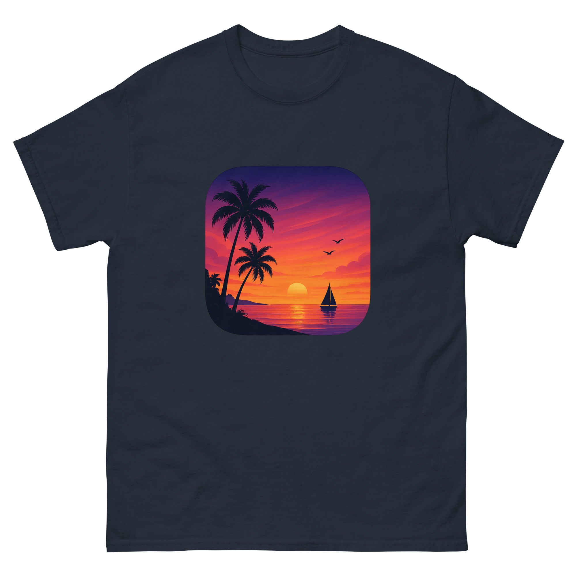 Sunset Palms Panorama Hawaiian t-shirt design on a Navy unisex tee