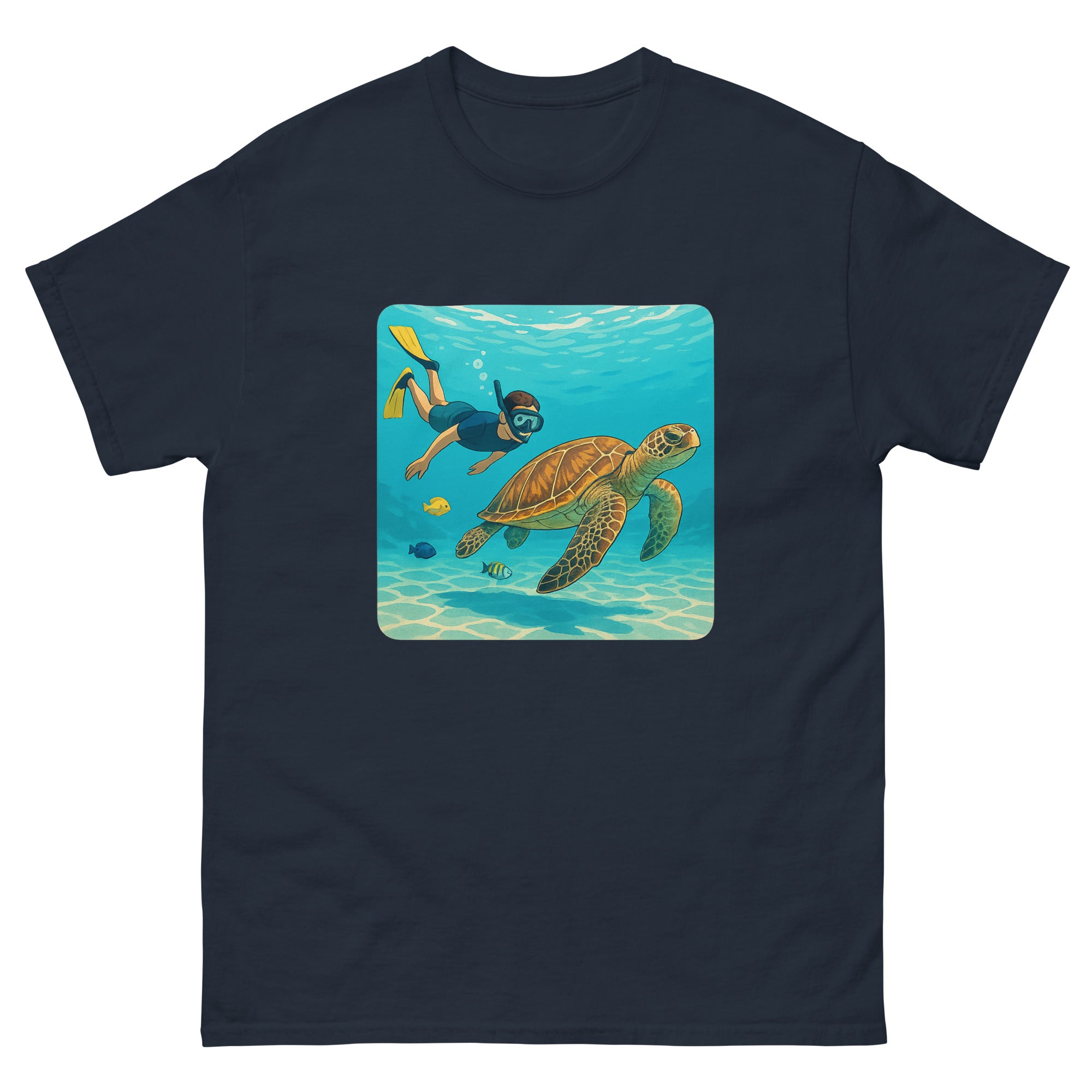 Snorkeler And Turtle Hawaiian t-shirt design on a Navy unisex tee