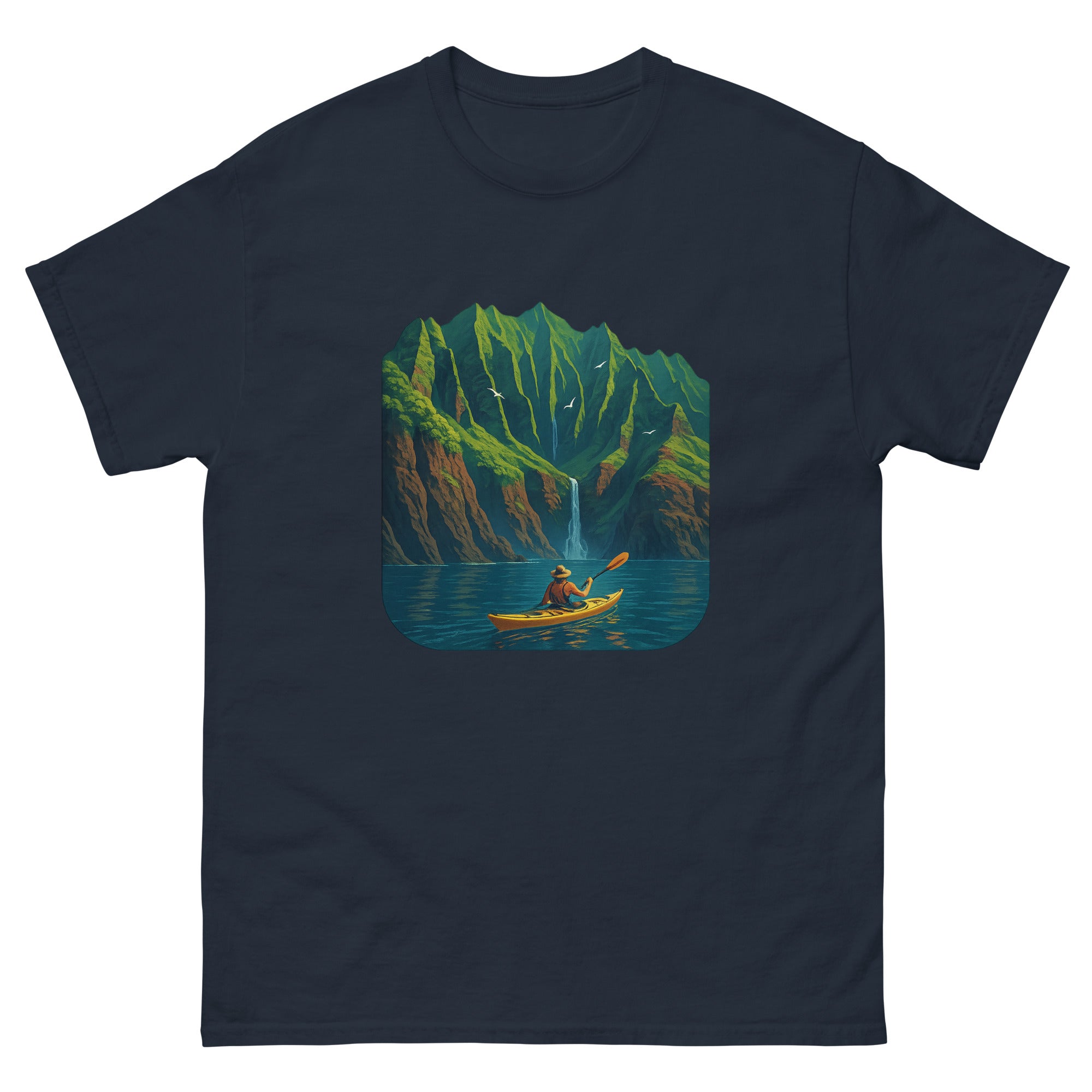 Kayaking The Coast Hawaiian t-shirt design on a Navy unisex tee