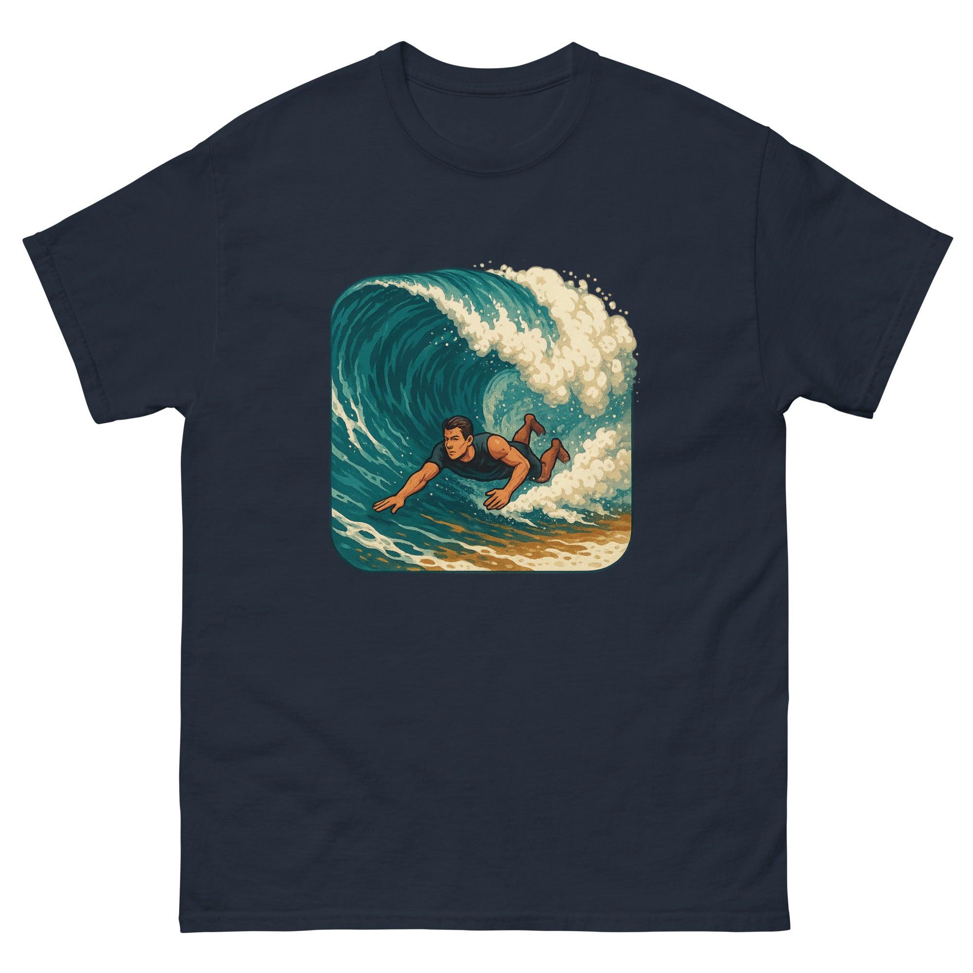 Bodysurf Shorebreak Hawaiian t-shirt design on a Navy unisex tee