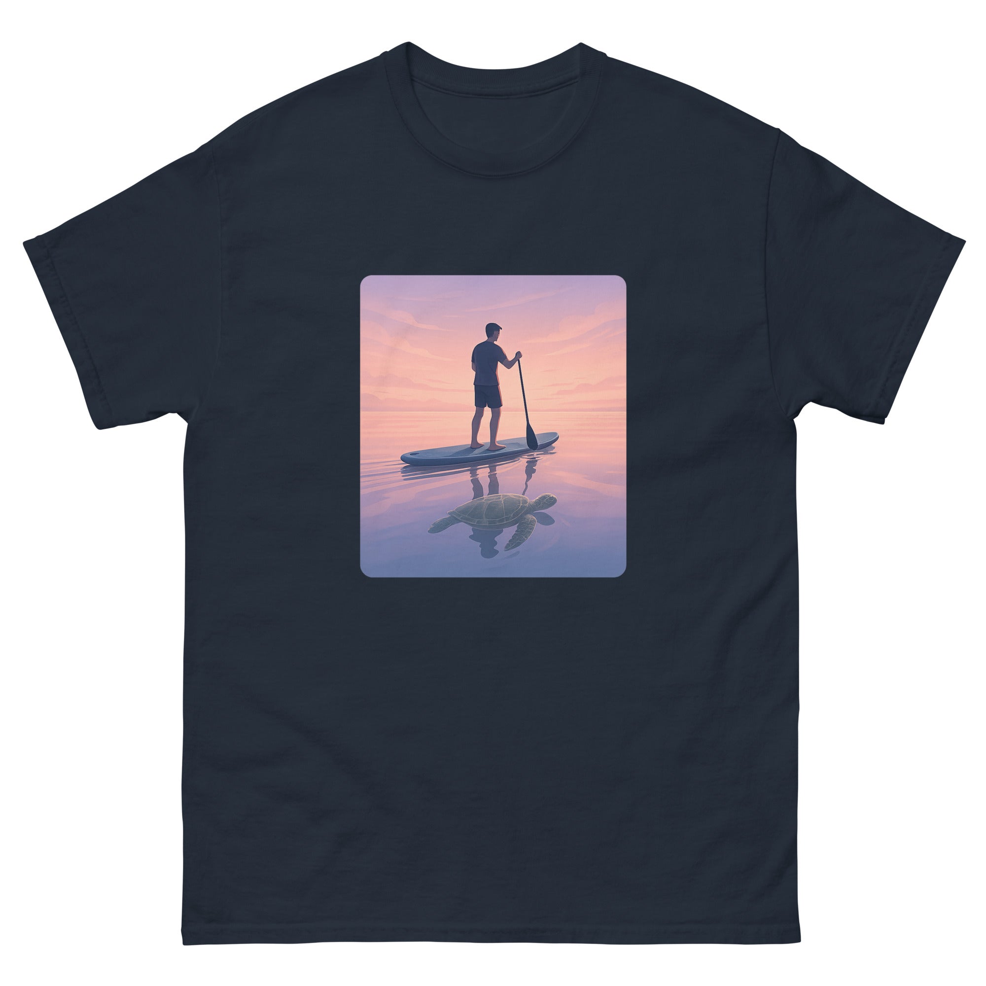 Sup At Dawn Hawaiian t-shirt design on a Navy unisex tee