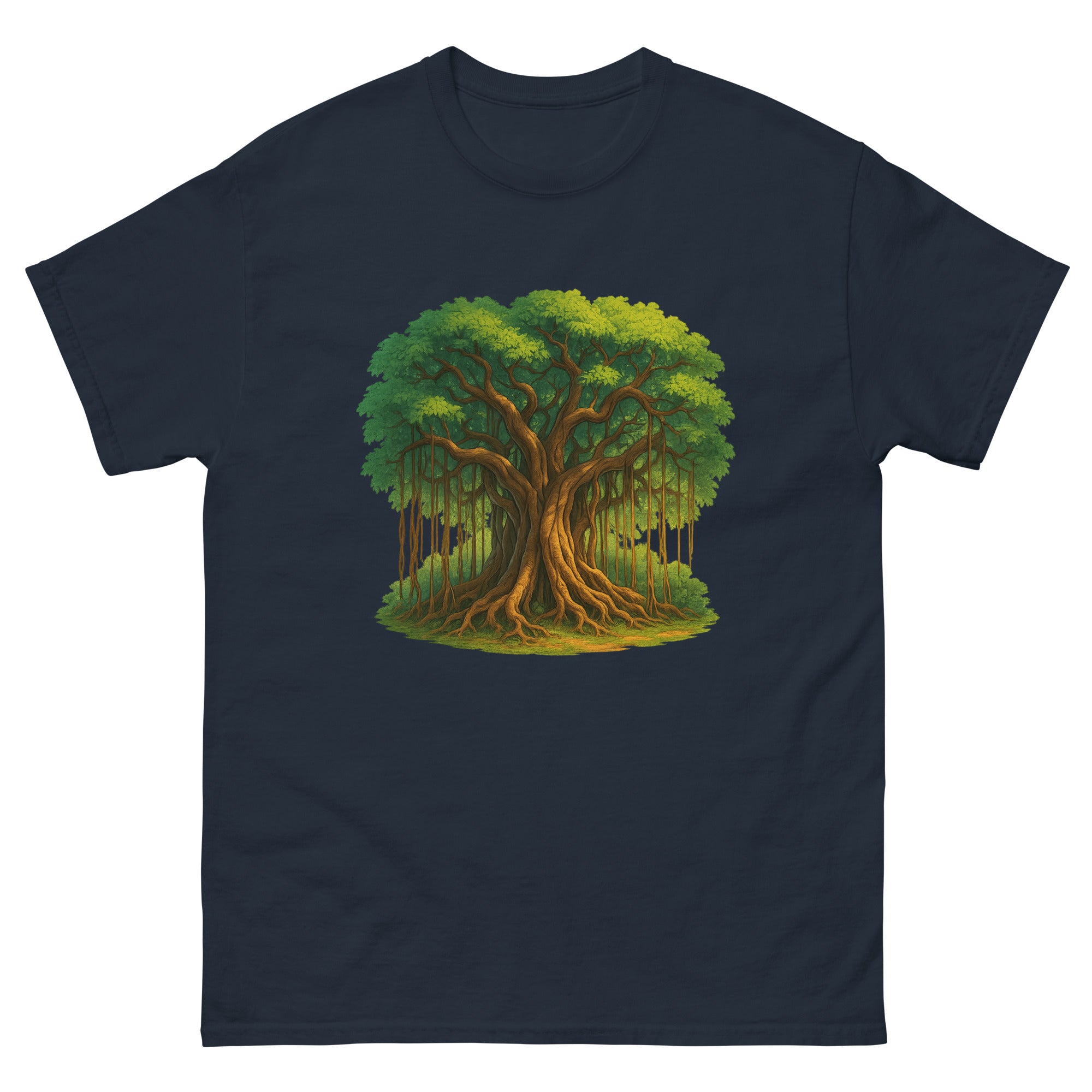 Banyan Tree Hawaiian t-shirt design on a Navy unisex tee