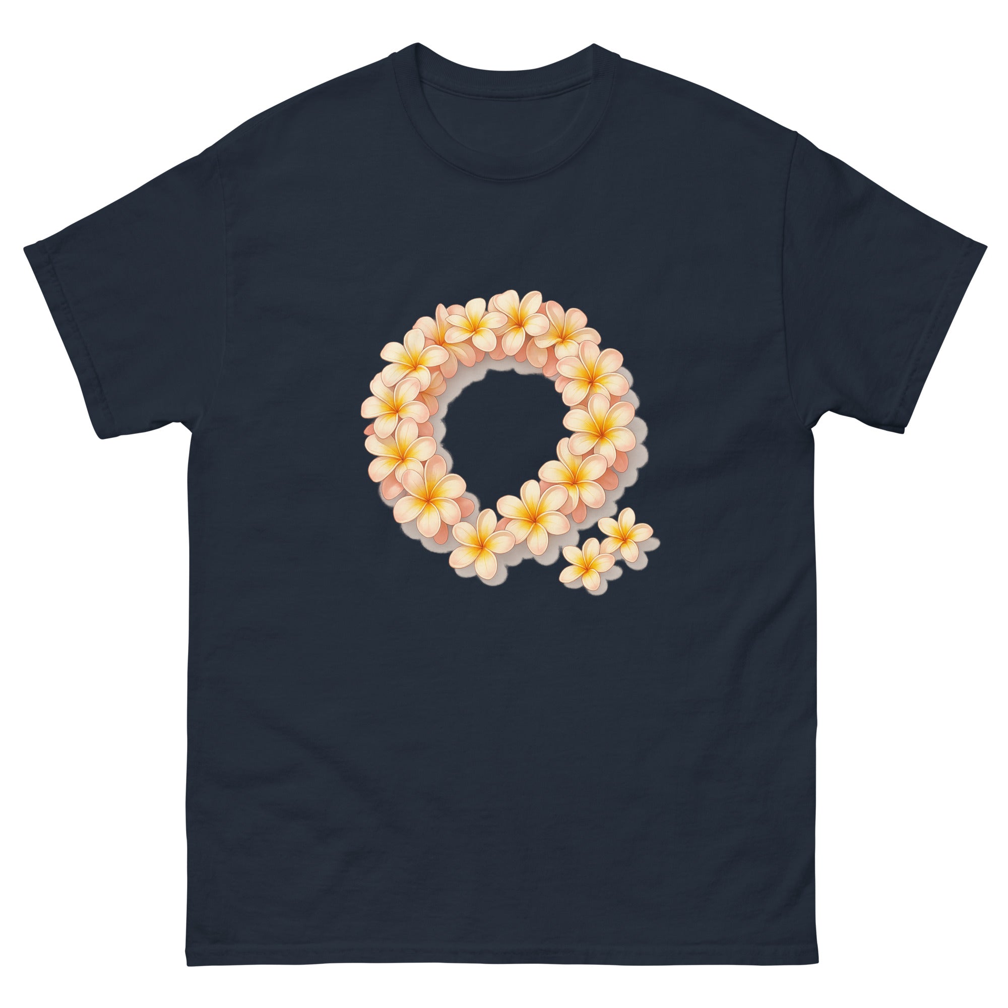 Plumeria Lei Hawaiian t-shirt design on a Navy unisex tee