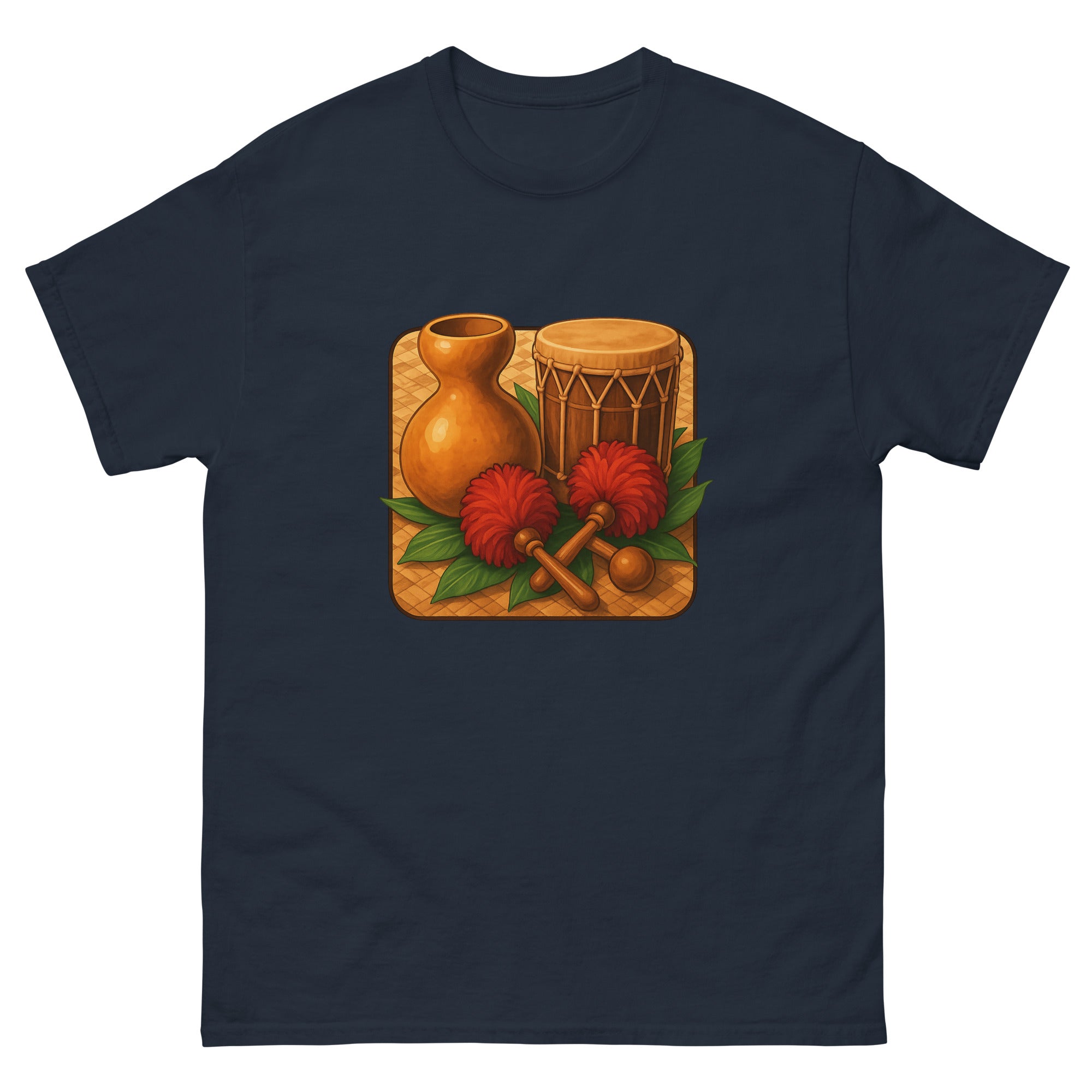 Hula Instruments Hawaiian t-shirt design on a Navy unisex tee