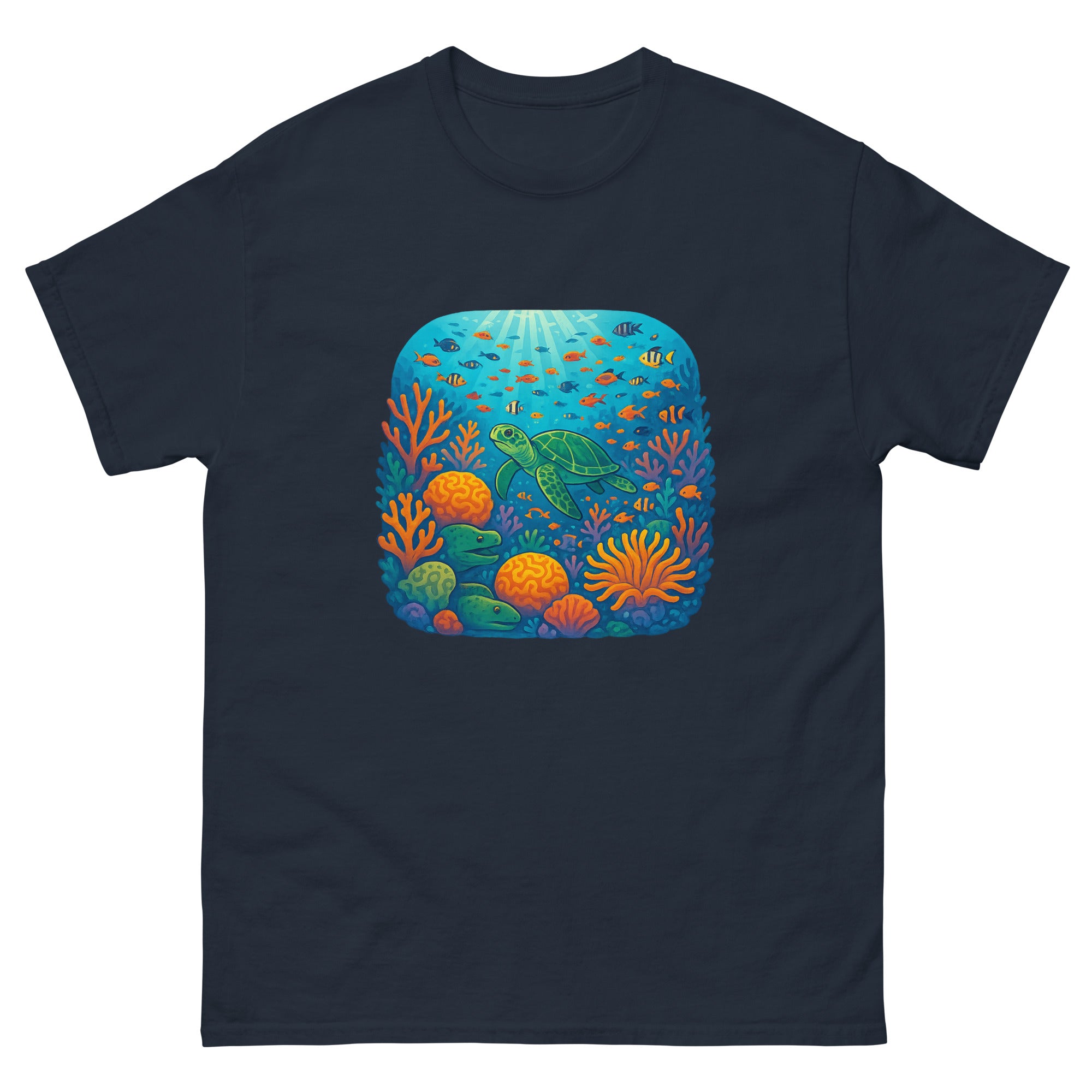 Coral Reef Garden Hawaiian t-shirt design on a Navy unisex tee