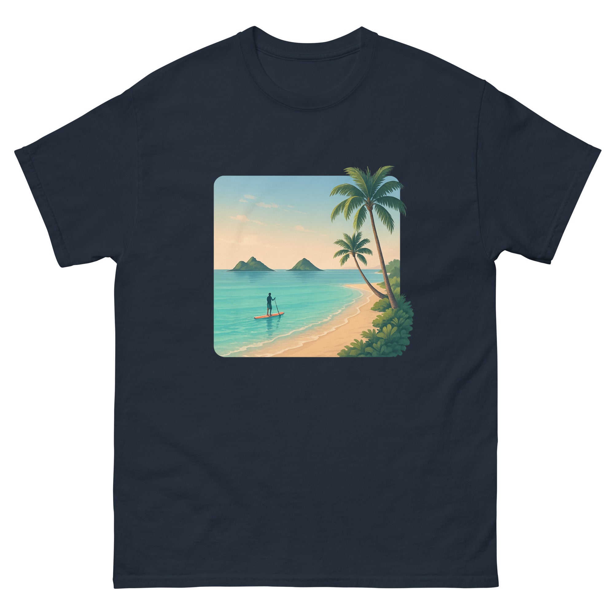 Lanikai Mokulua Hawaiian t-shirt design on a Navy unisex tee