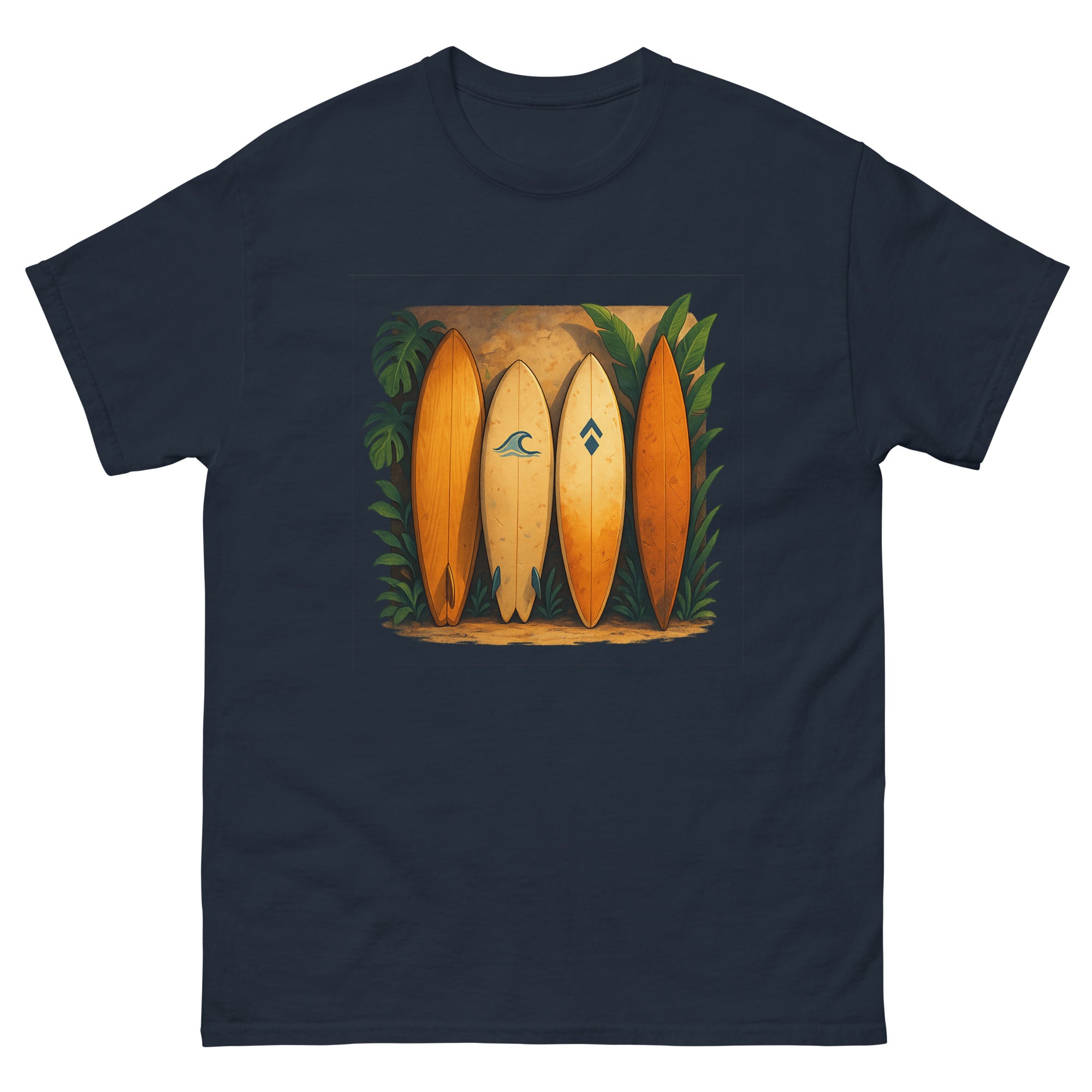 Surfboard Quiver Hawaiian t-shirt design on a Navy unisex tee