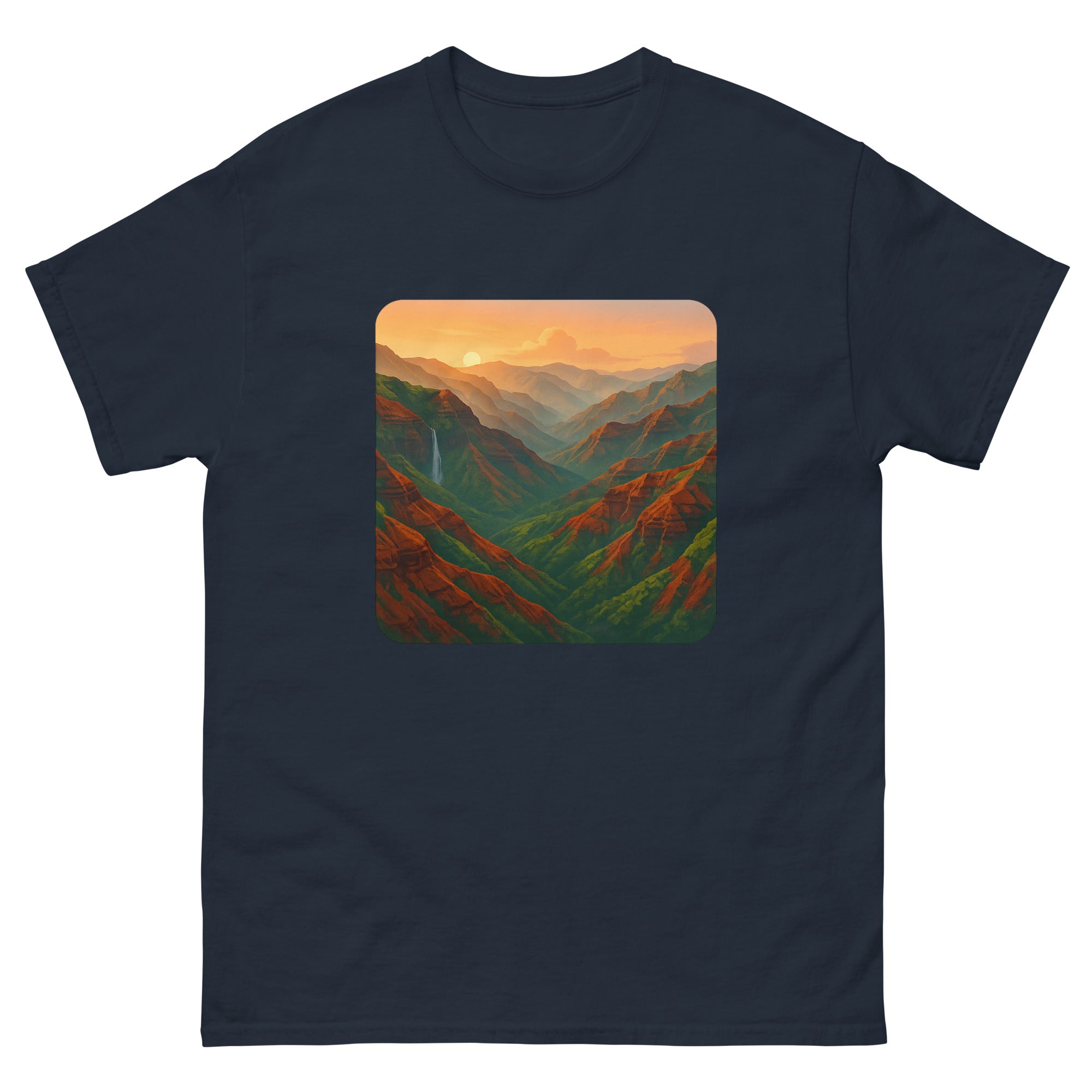 Waimea Canyon Sunrise Hawaiian t-shirt design on a Navy unisex tee