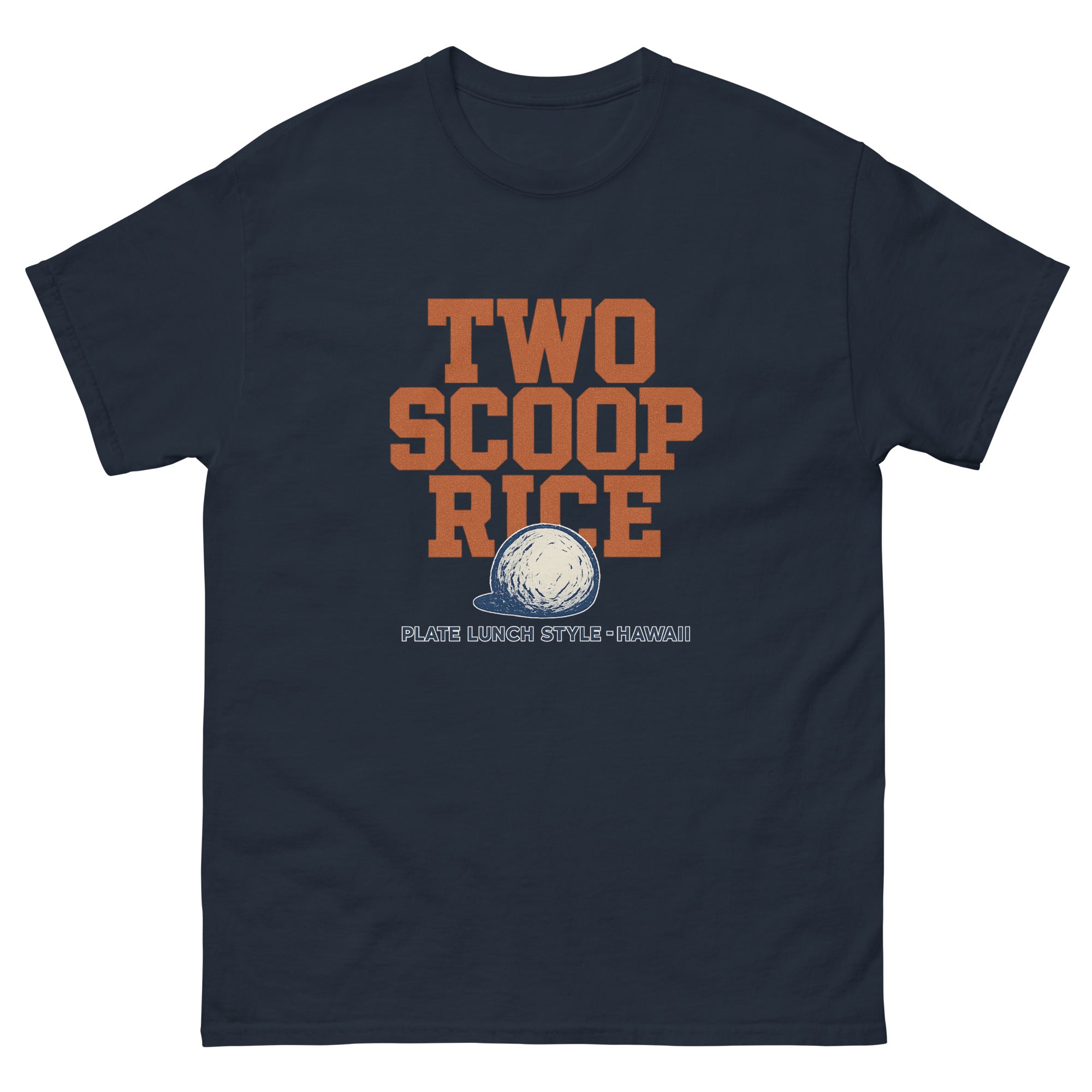 Two Scoop Rice Hawaiian t-shirt design on a Navy unisex tee