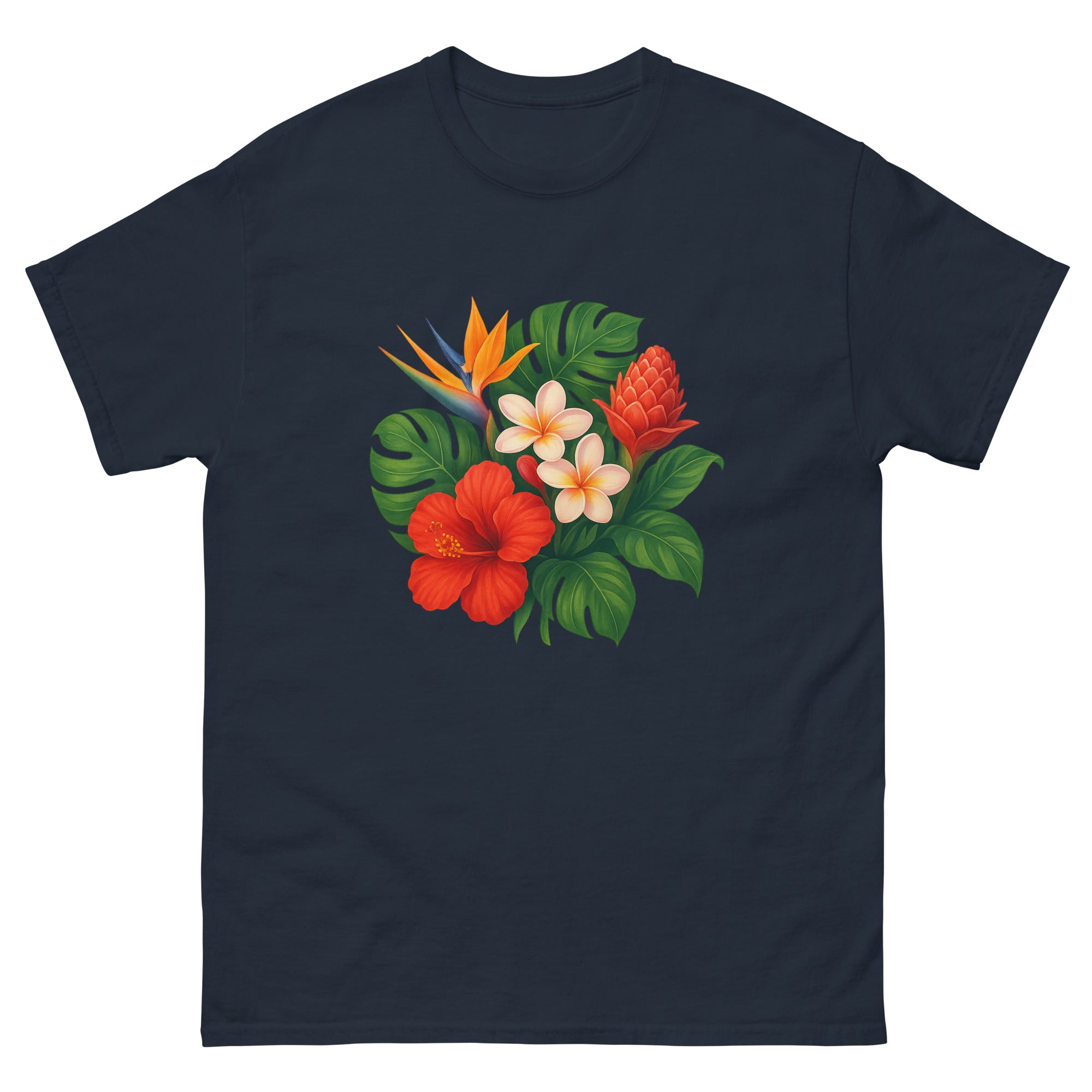 Tropical Flora Bouquet Hawaiian t-shirt design on a Navy unisex tee