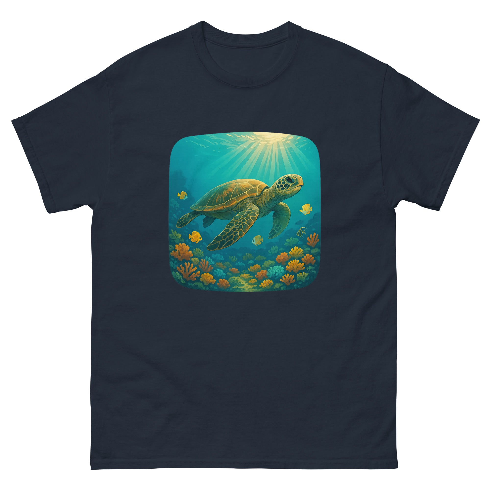Honu Reef Scene Hawaiian t-shirt design on a Navy unisex tee
