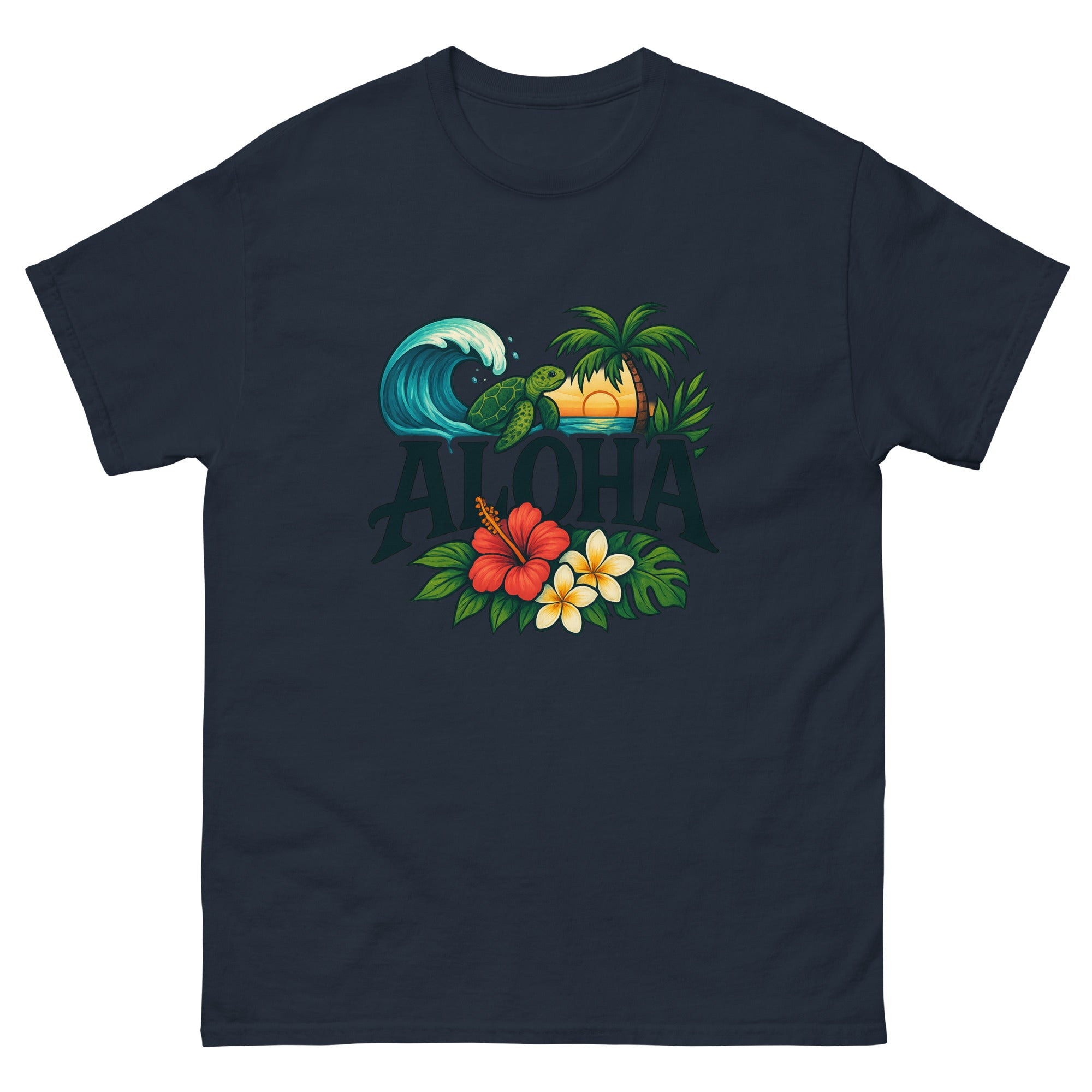 Aloha Illustrated Type Hawaiian t-shirt design on a Navy unisex tee