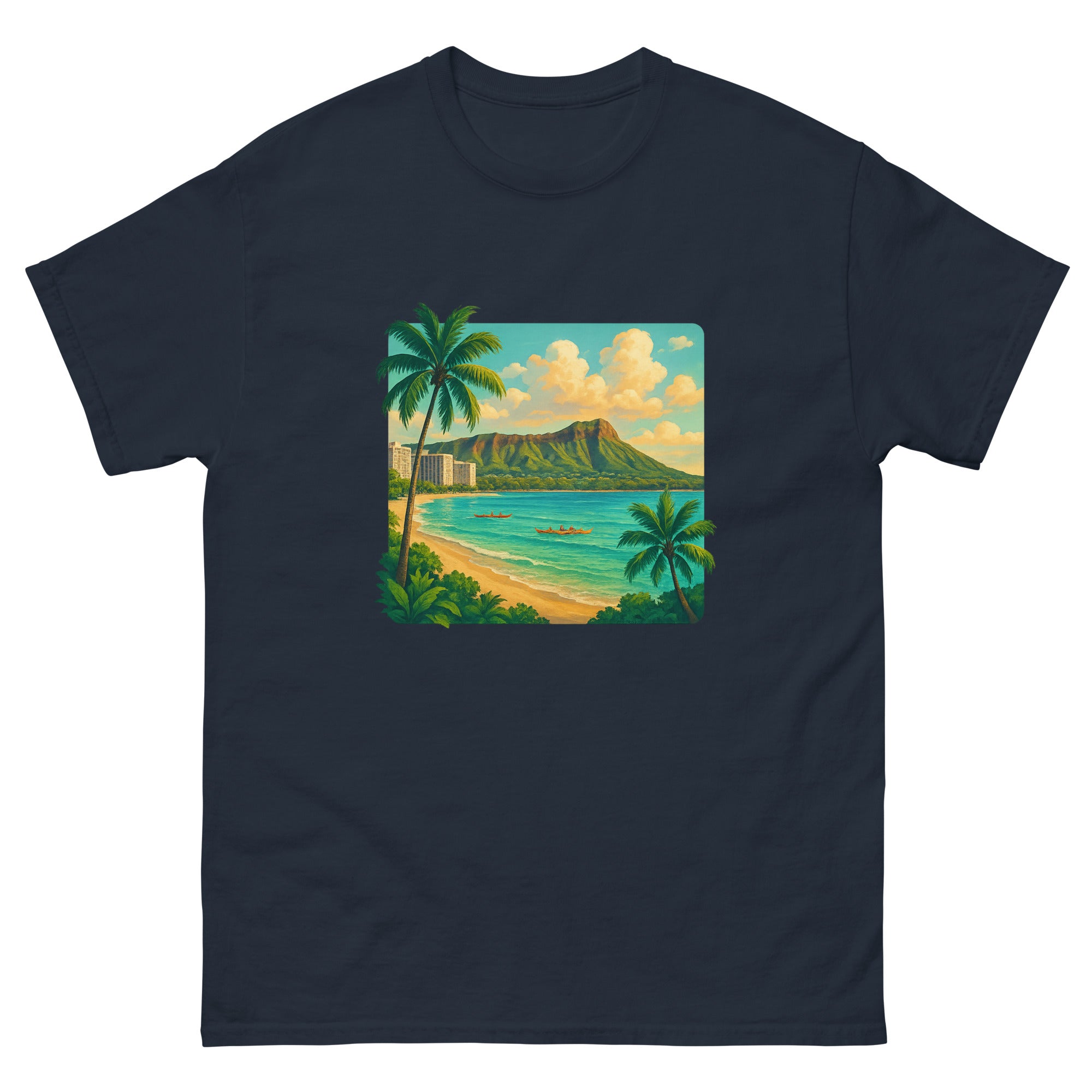 Diamond Head Vista Hawaiian t-shirt design on a Navy unisex tee