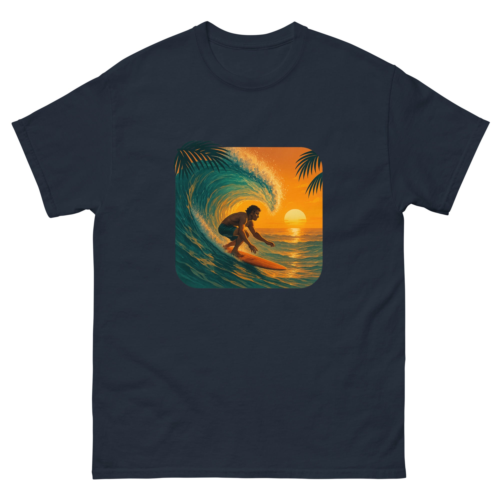 Golden Hour Surf Hawaiian t-shirt design on a Navy unisex tee