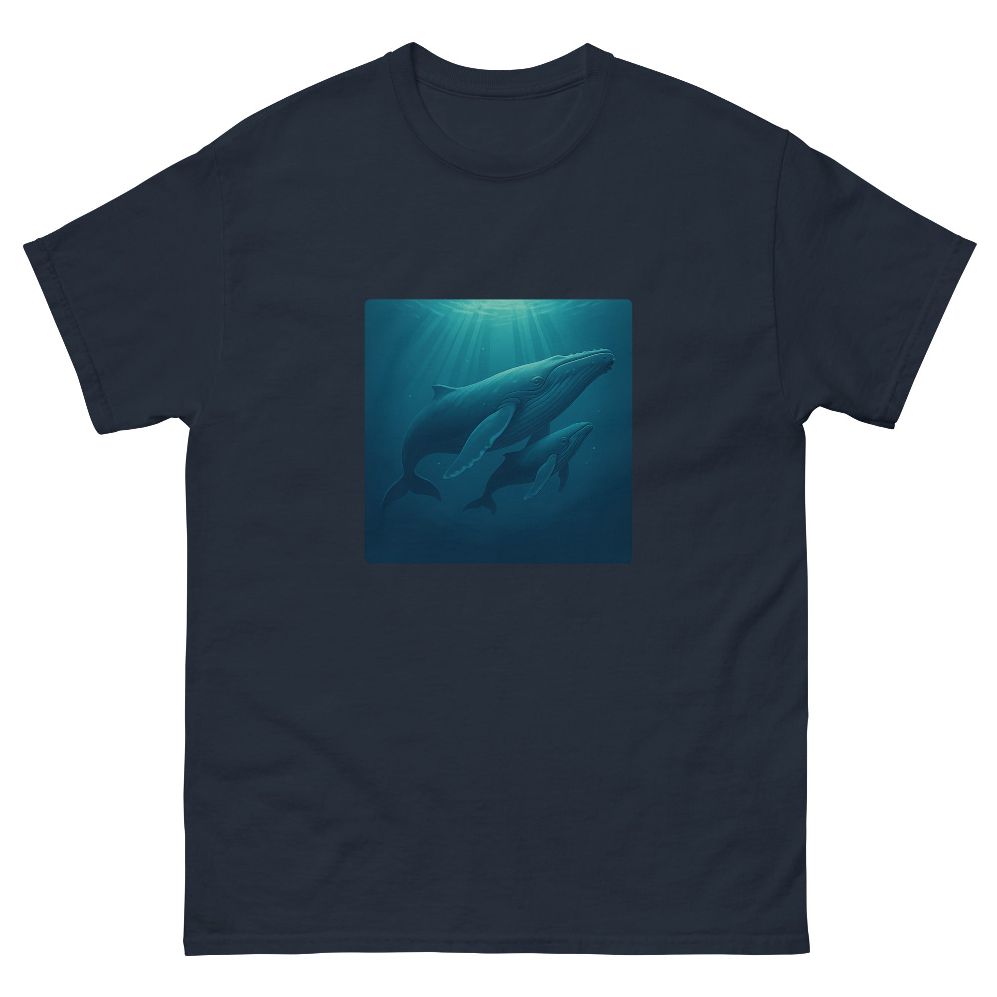 Humpback And Calf Hawaiian t-shirt design on a Navy unisex tee
