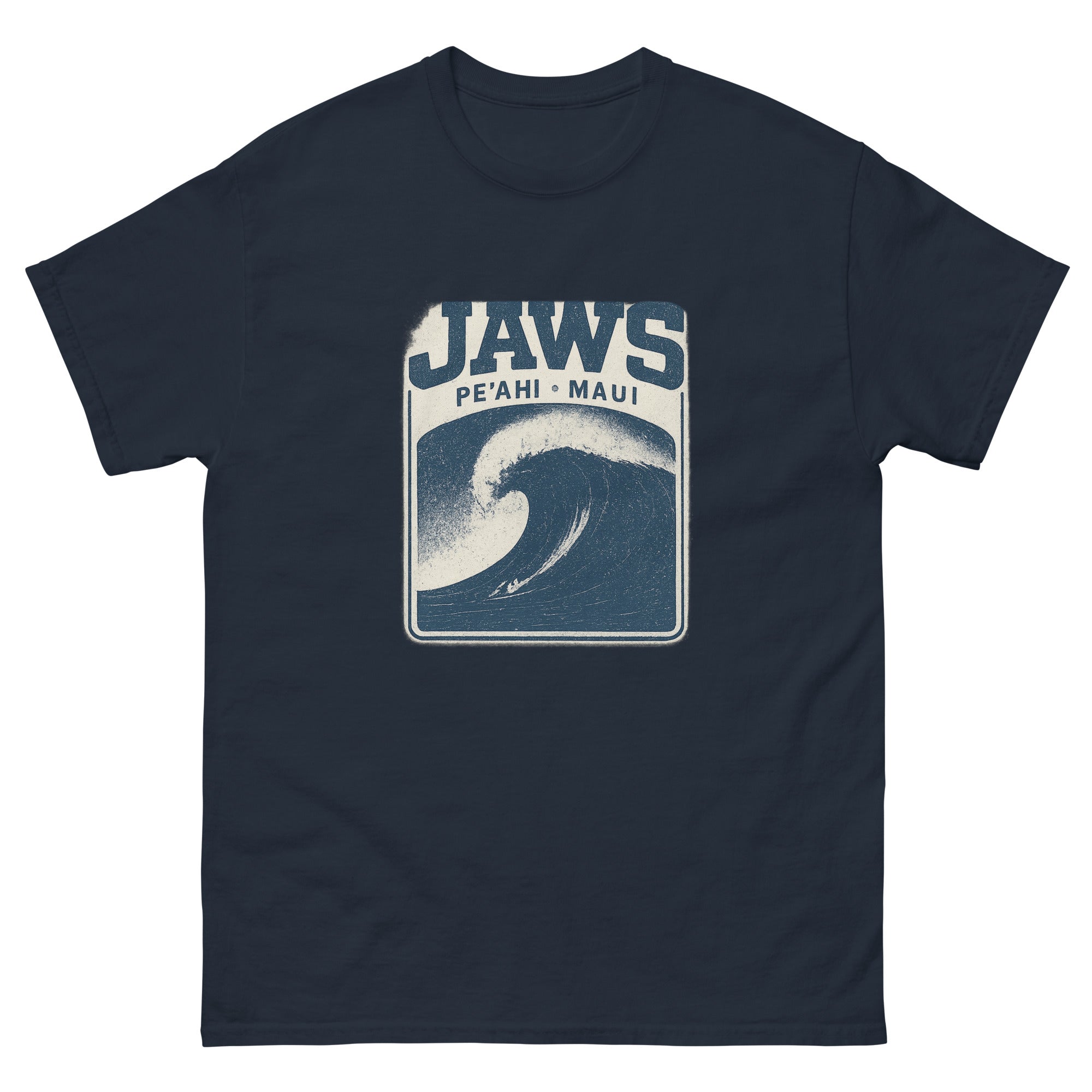 Jaws Peahi Hawaiian t-shirt design on a Navy unisex tee