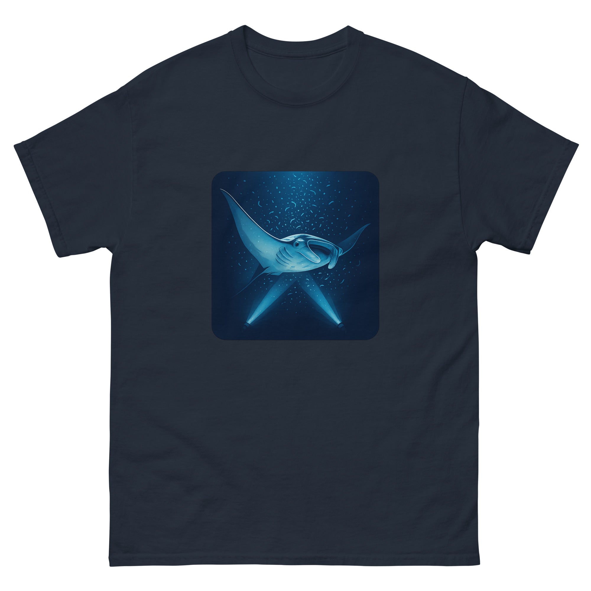 Manta Ray Night Dive Hawaiian t-shirt design on a Navy unisex tee