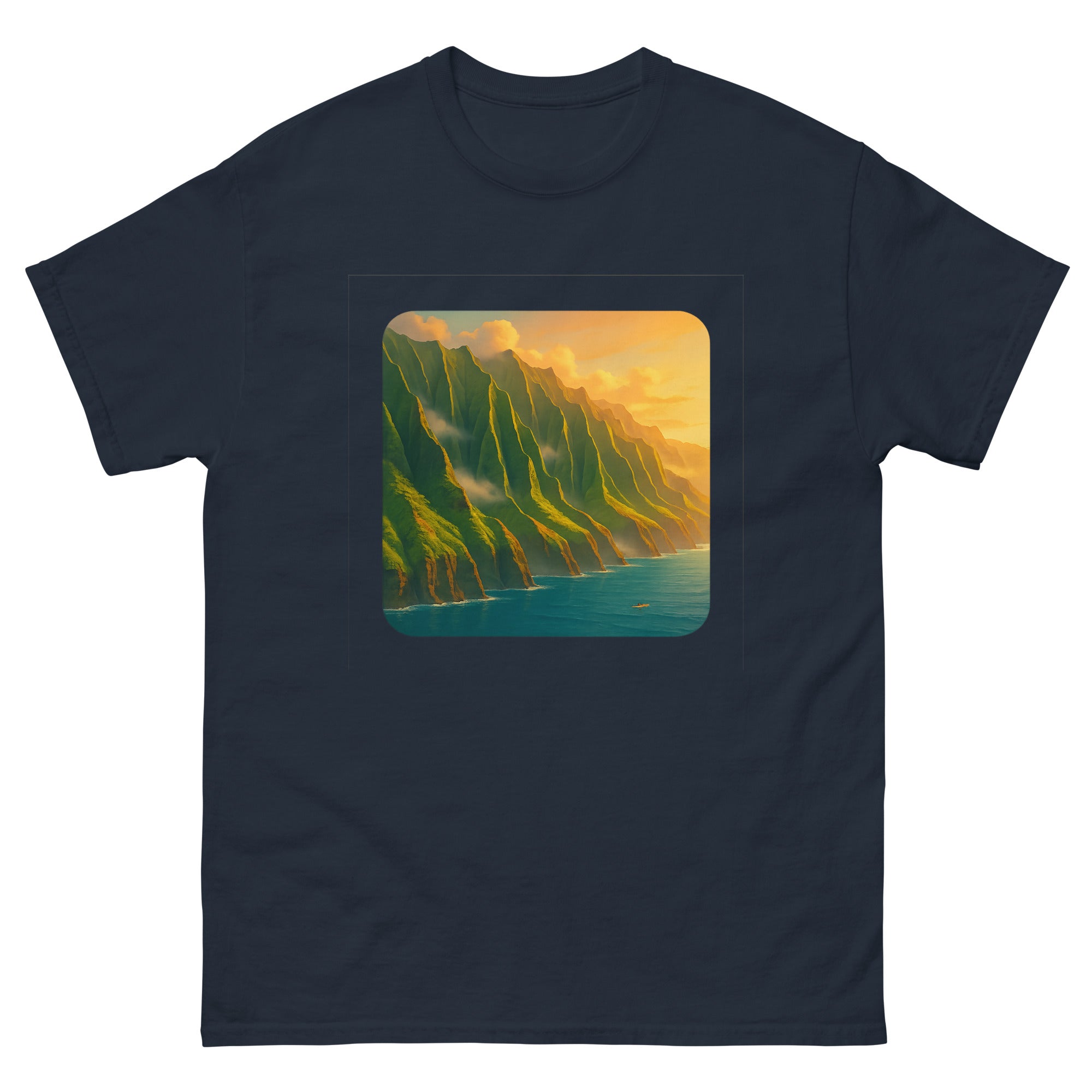 Na Pali Coast Hawaiian t-shirt design on a Navy unisex tee