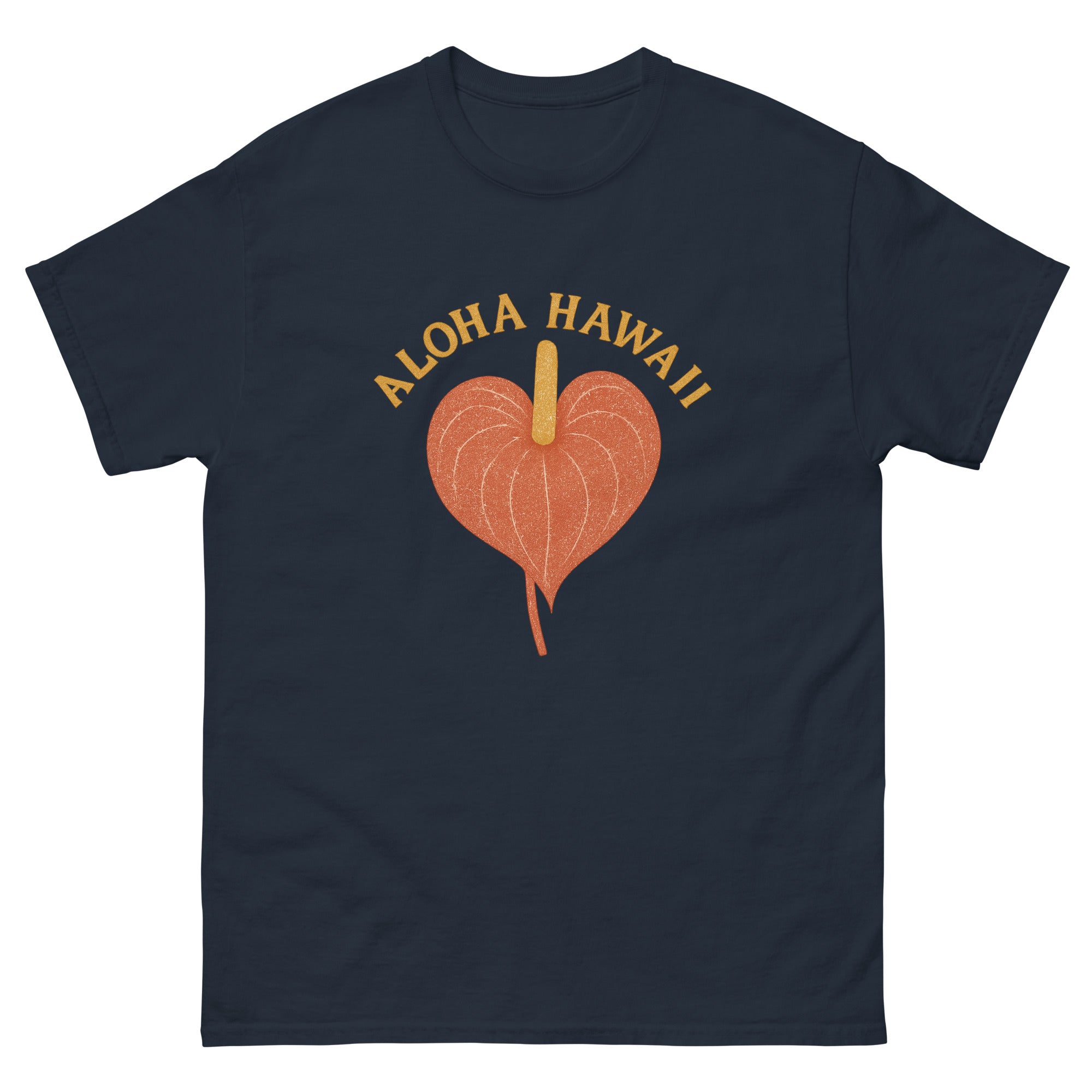 Anthurium Hawaiian t-shirt design on a Navy unisex tee
