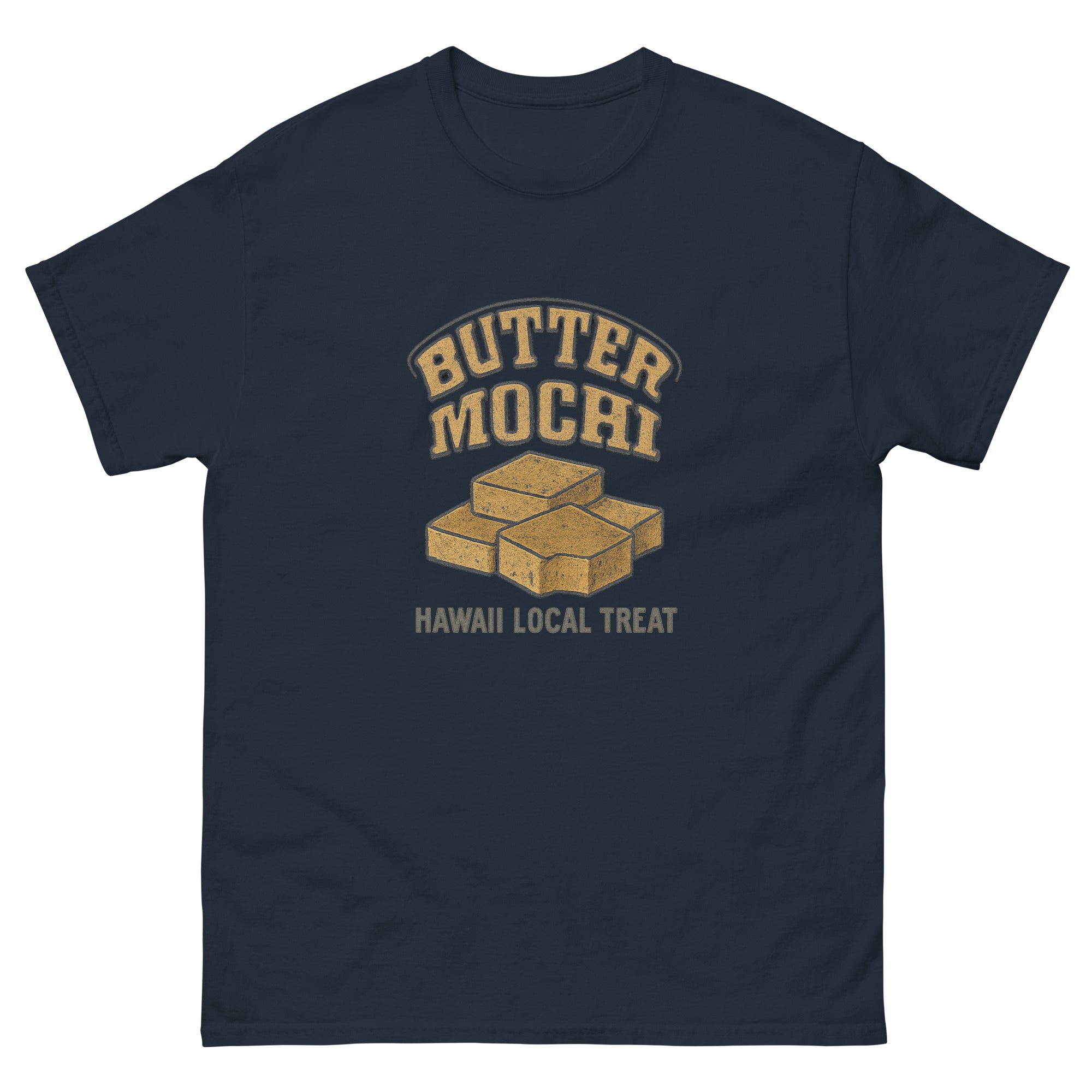 Butter Mochi Hawaiian t-shirt design on a Navy unisex tee