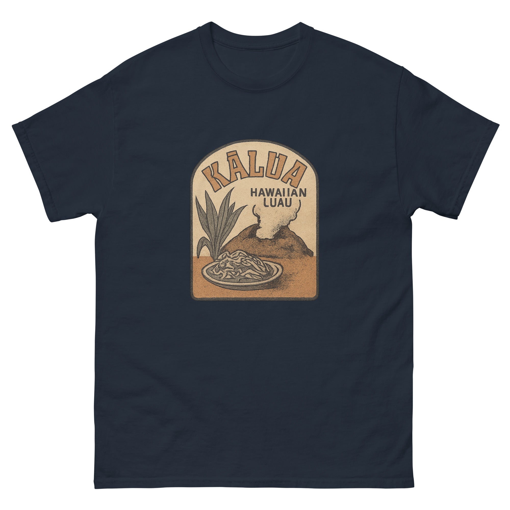 Kalua Pig Hawaiian t-shirt design on a Navy unisex tee