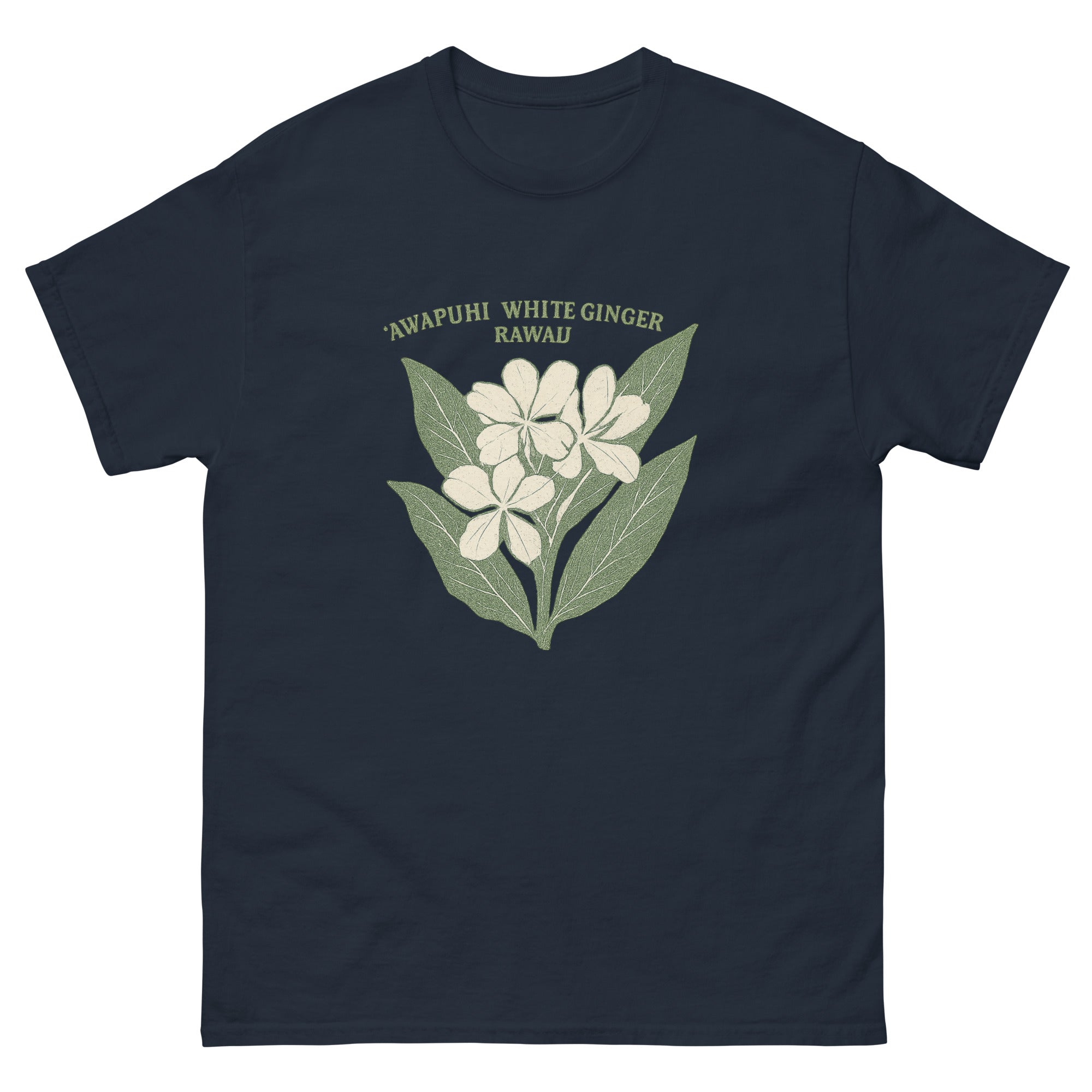 White Ginger Hawaiian t-shirt design on a Navy unisex tee