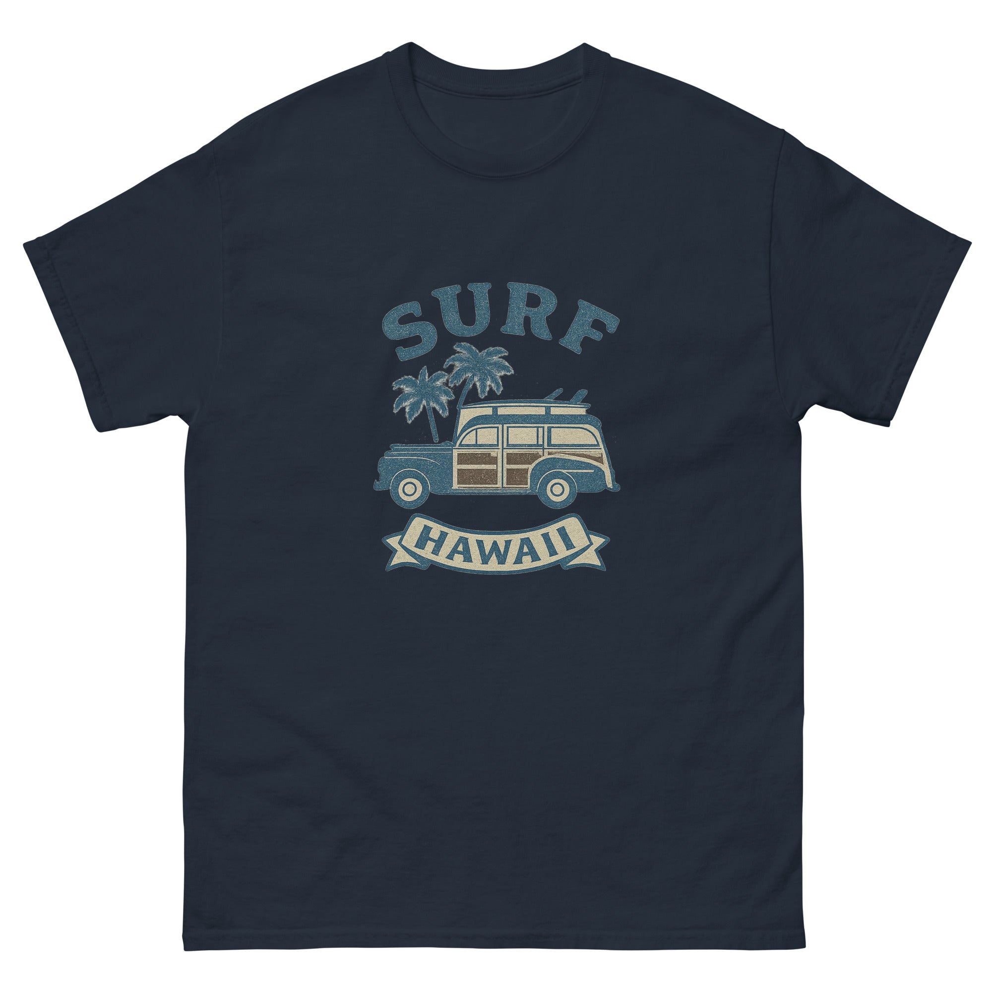 Woody Wagon Hawaiian t-shirt design on a Navy unisex tee