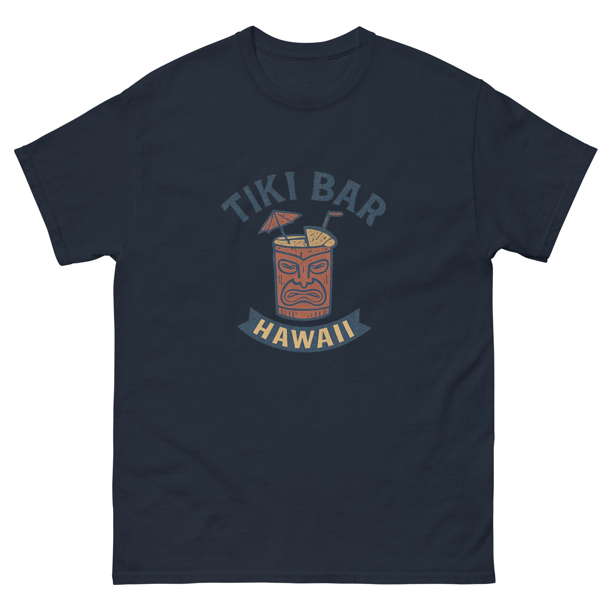 Tiki Mug Hawaiian t-shirt design on a Navy unisex tee