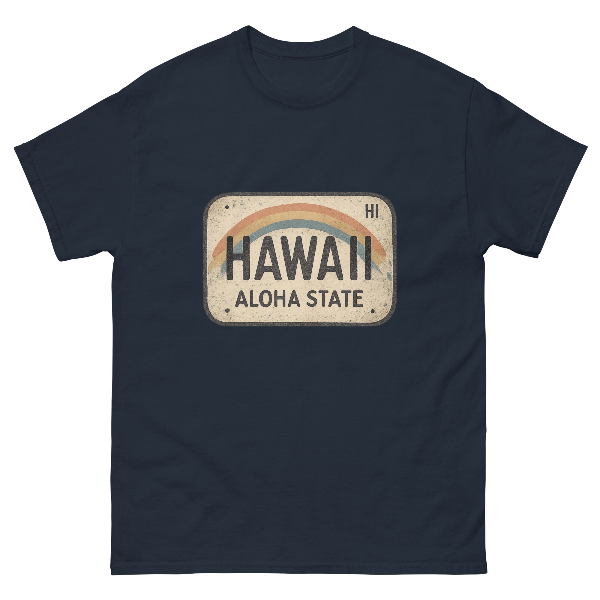 Hawaii License Plate Hawaiian t-shirt design on a Navy unisex tee