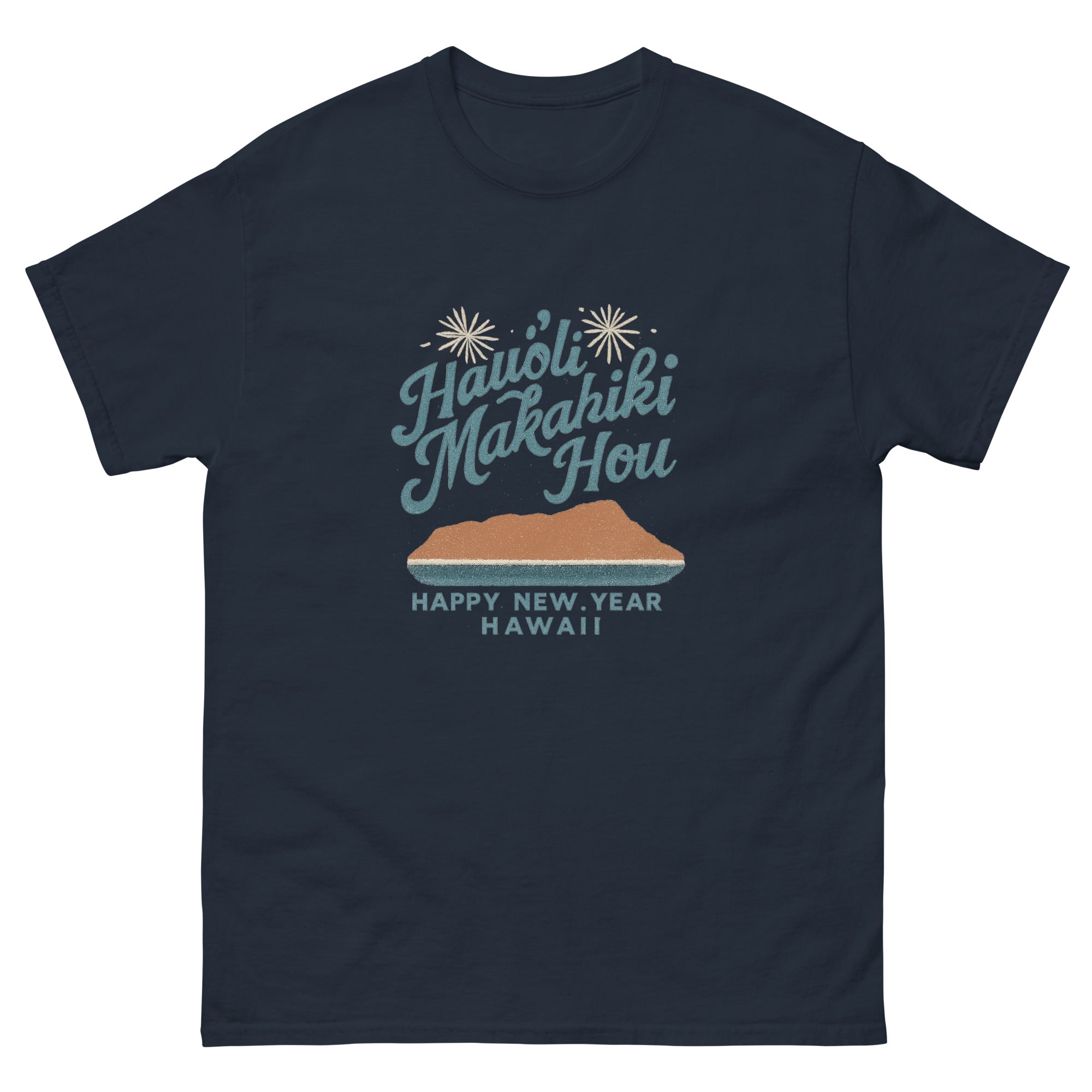 Hauoli Makahiki Hou Hawaiian t-shirt design on a Navy unisex tee