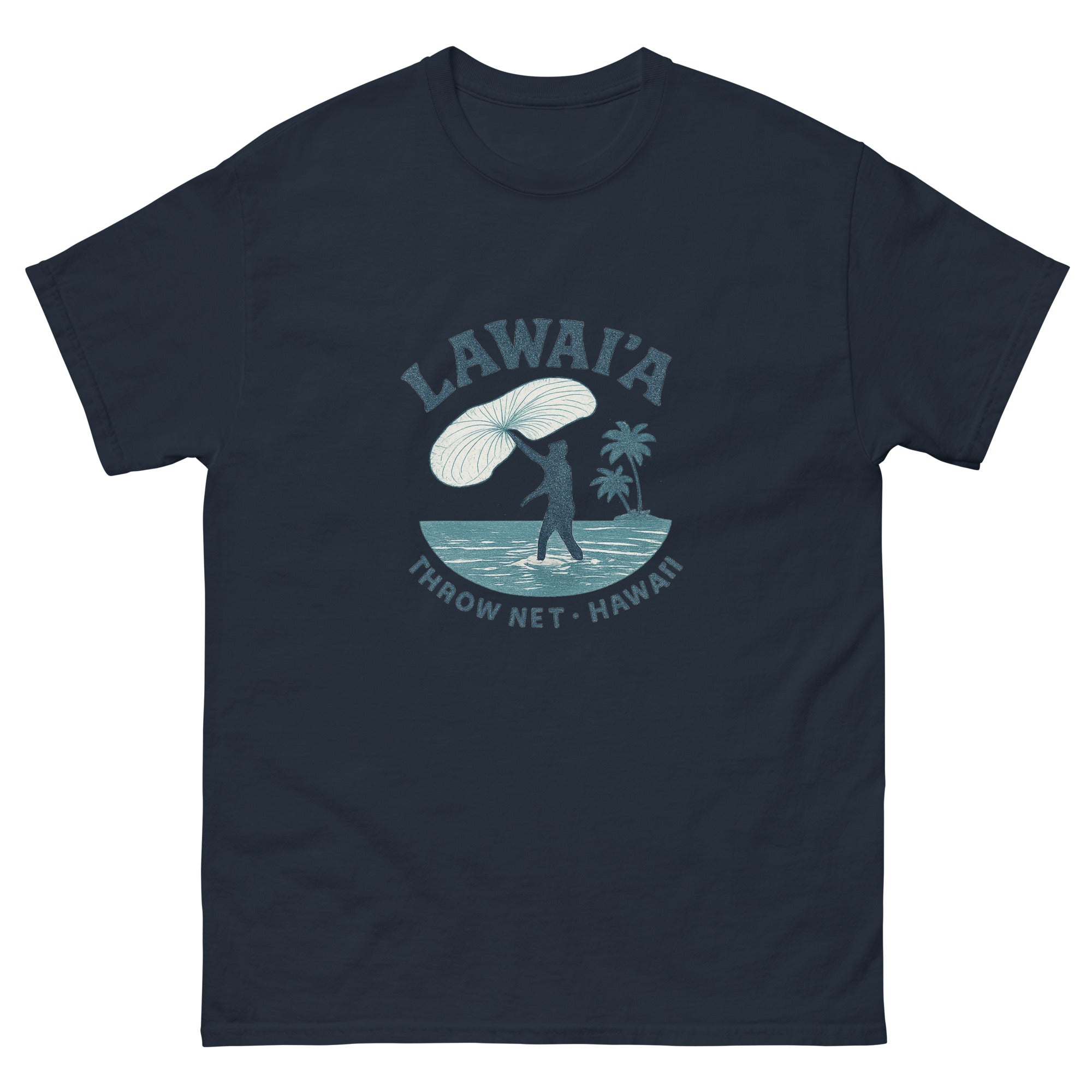 Throw Net Fishing Hawaiian t-shirt design on a Navy unisex tee