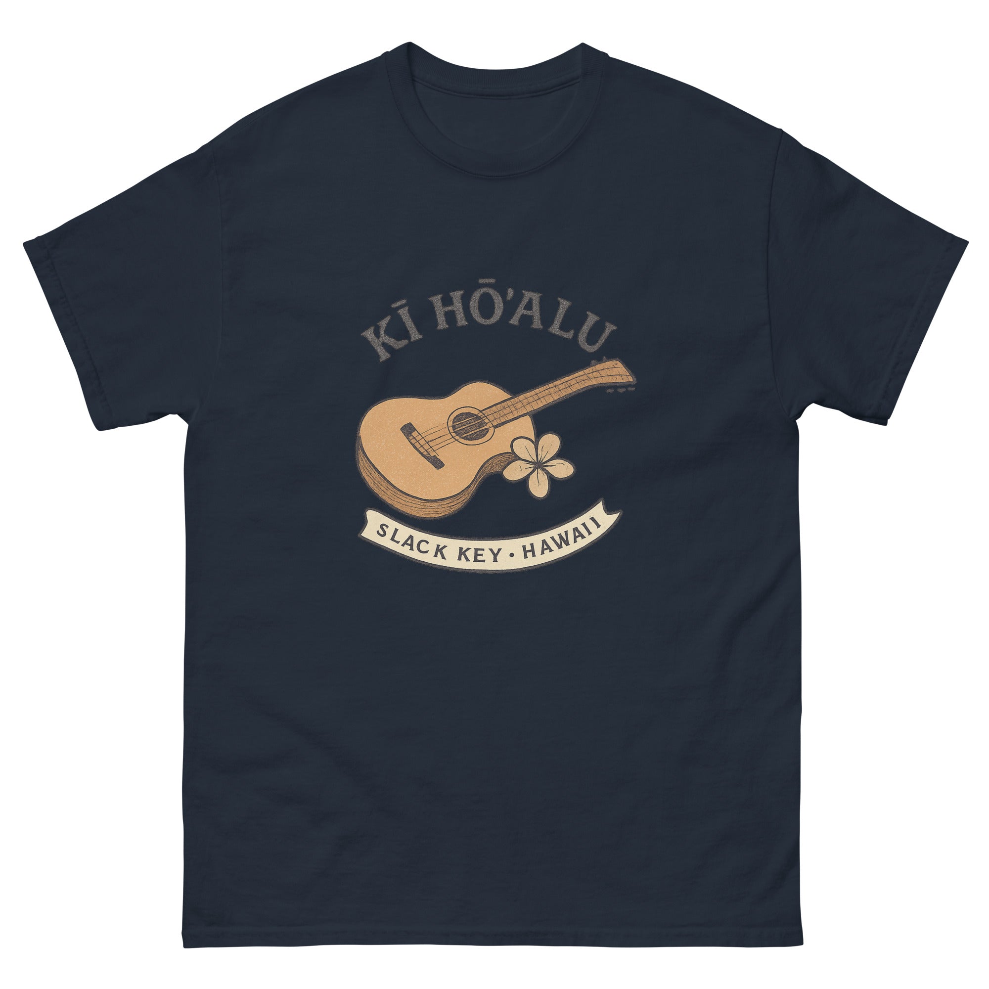 Slack Key Guitar Hawaiian t-shirt design on a Navy unisex tee