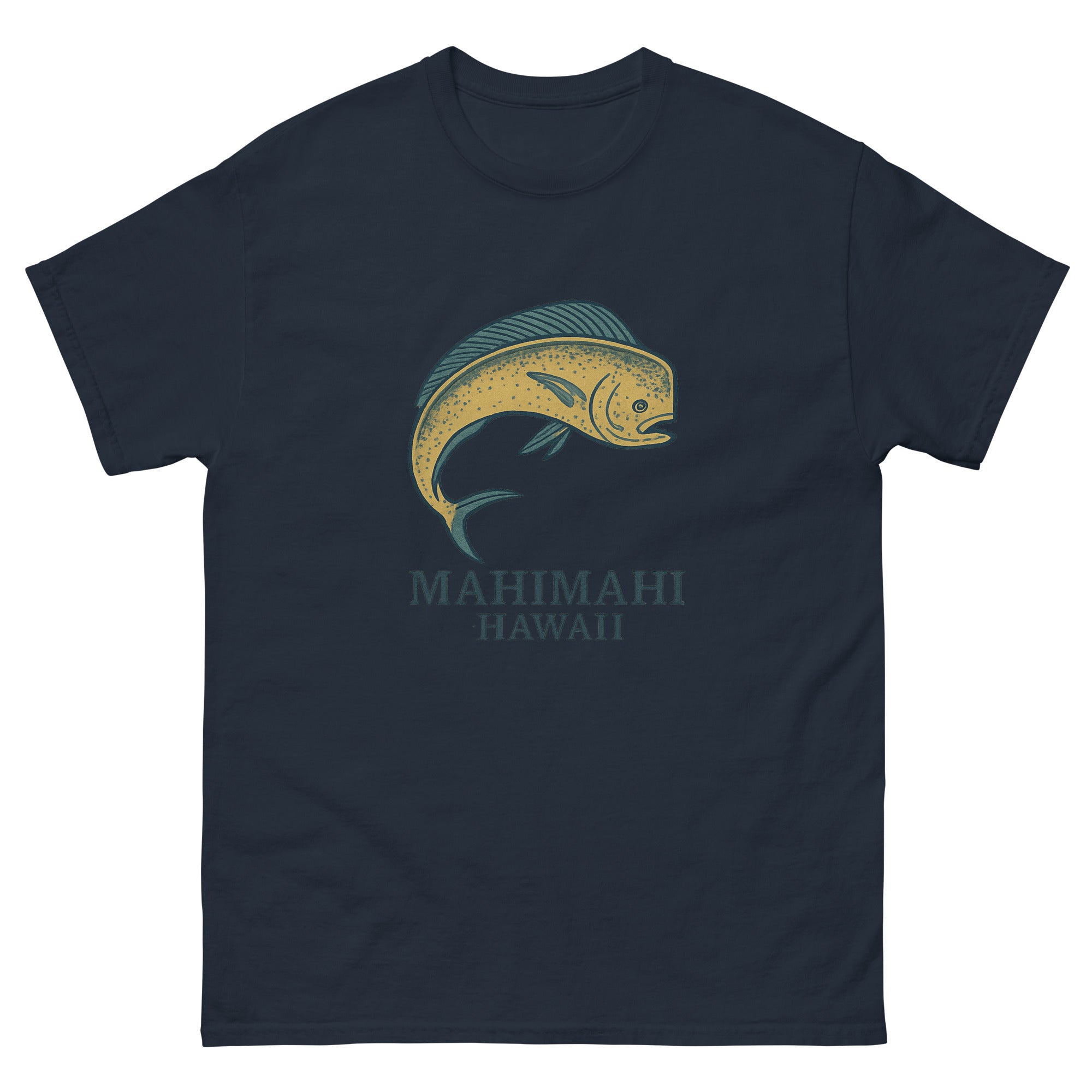 Mahimahi Hawaiian t-shirt design on a Navy unisex tee