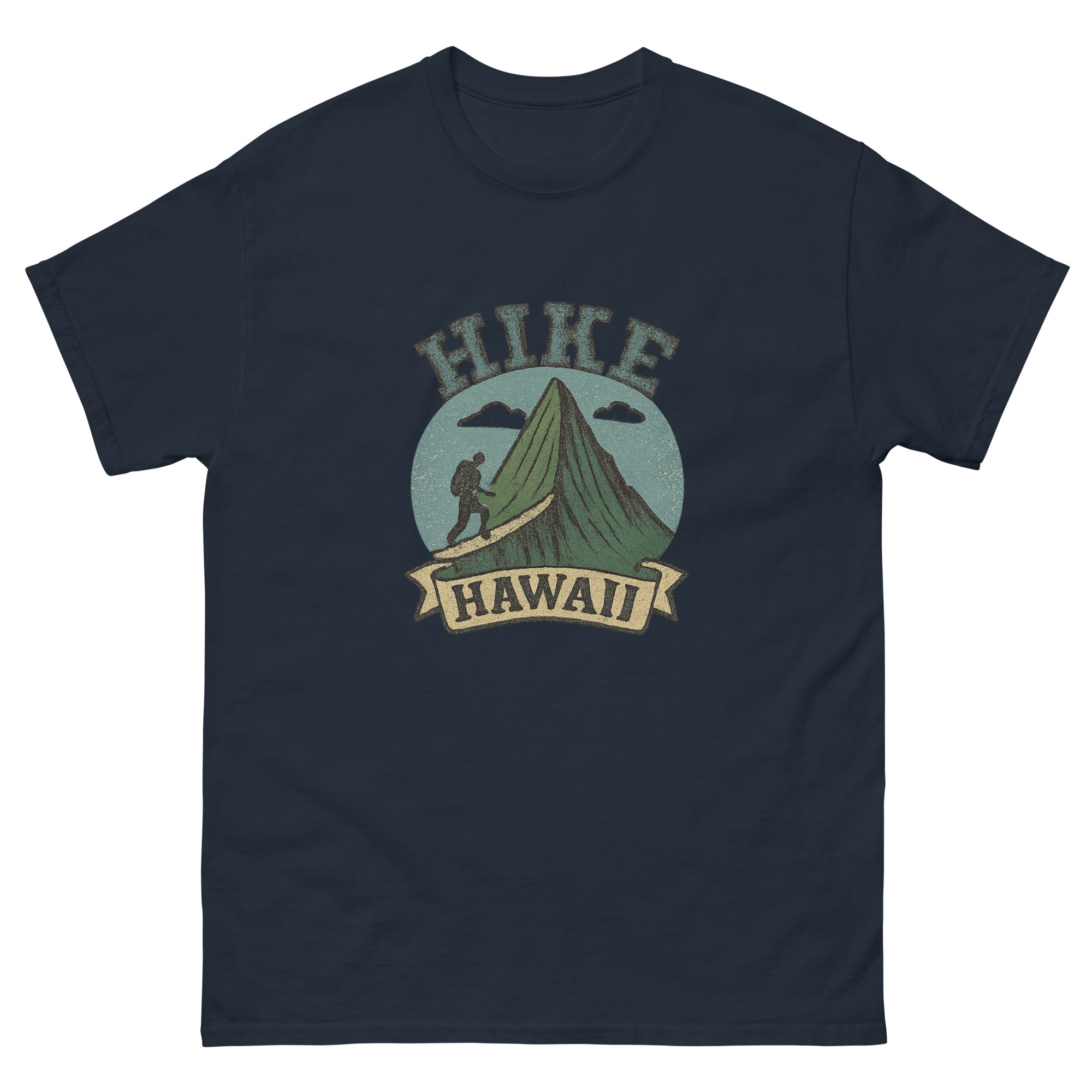 Hike Hawaii Hawaiian t-shirt design on a Navy unisex tee