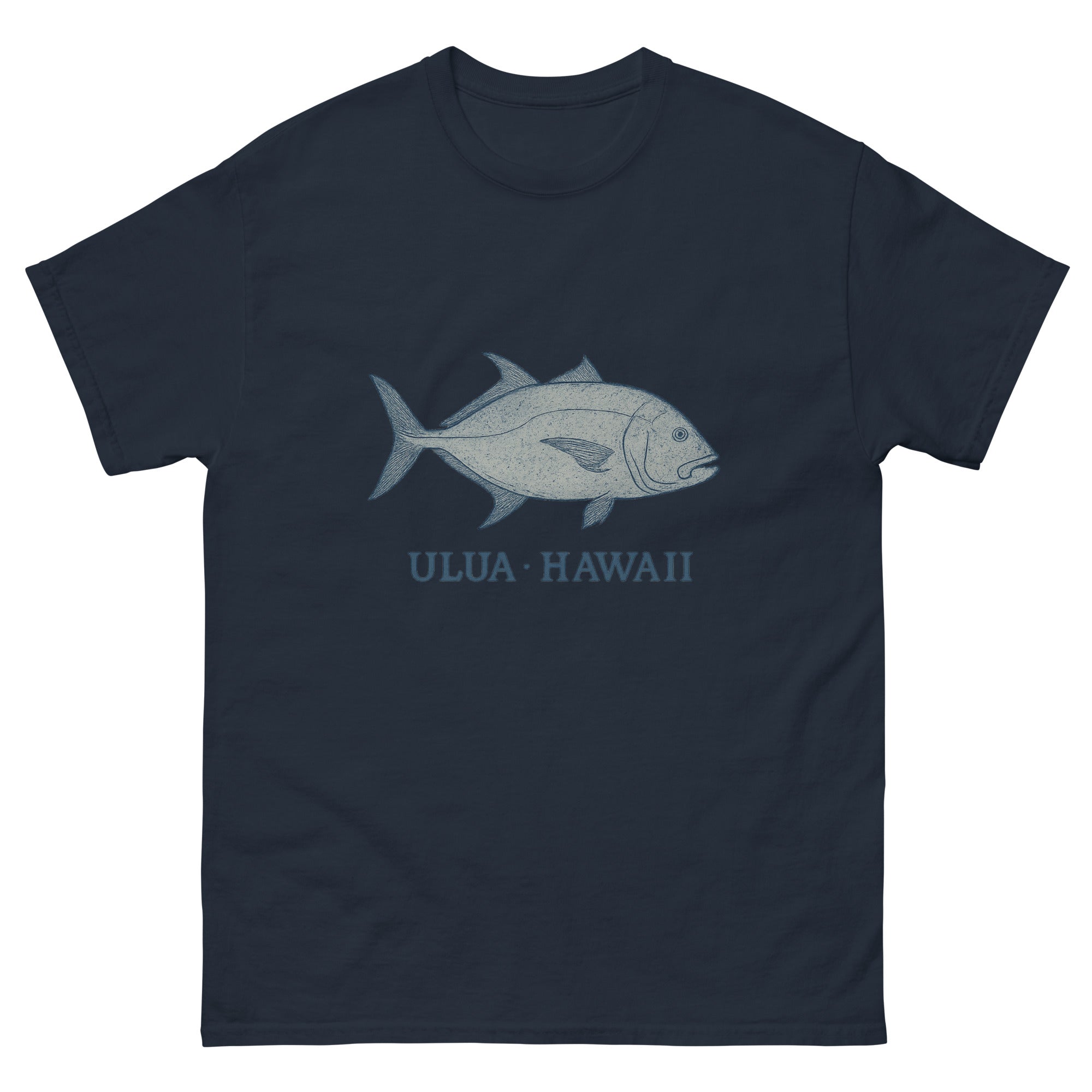 Ulua Hawaiian t-shirt design on a Navy unisex tee
