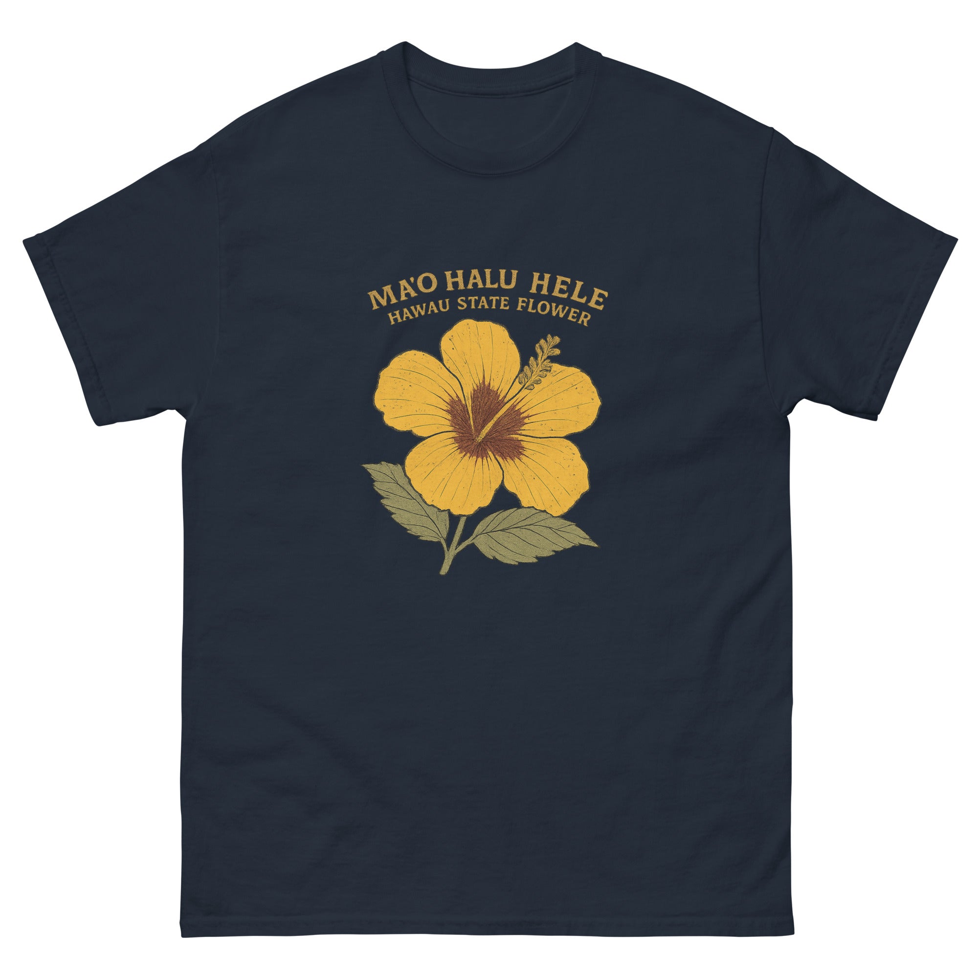 Yellow Hibiscus Hawaiian t-shirt design on a Navy unisex tee