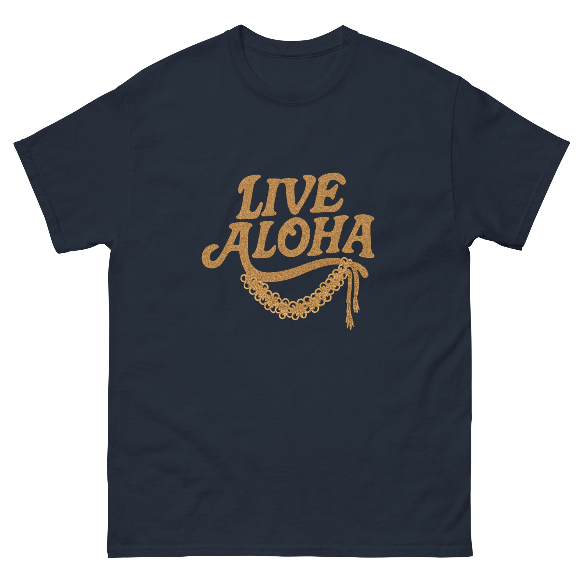 Live Aloha Hawaiian t-shirt design on a Navy unisex tee