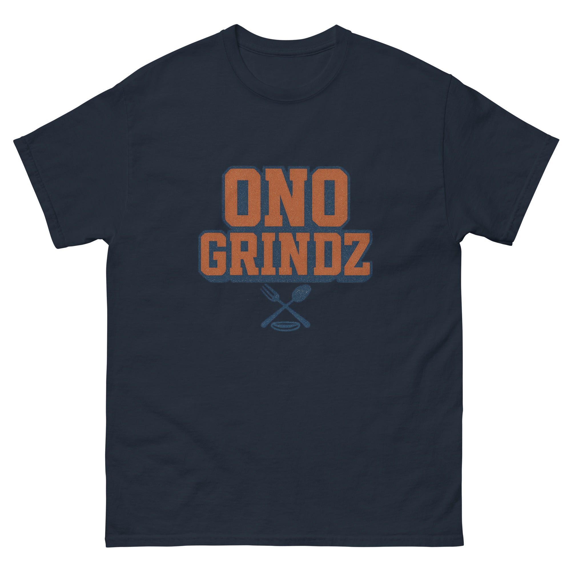 Ono Grindz Hawaiian t-shirt design on a Navy unisex tee