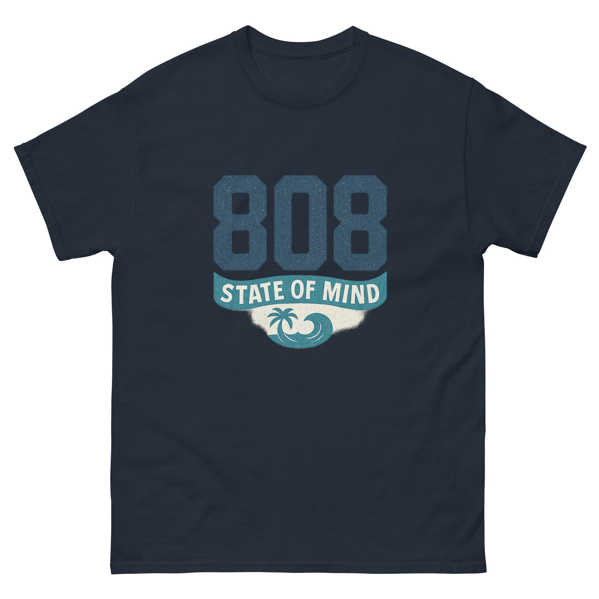 808 State Of Mind Hawaiian t-shirt design on a Navy unisex tee