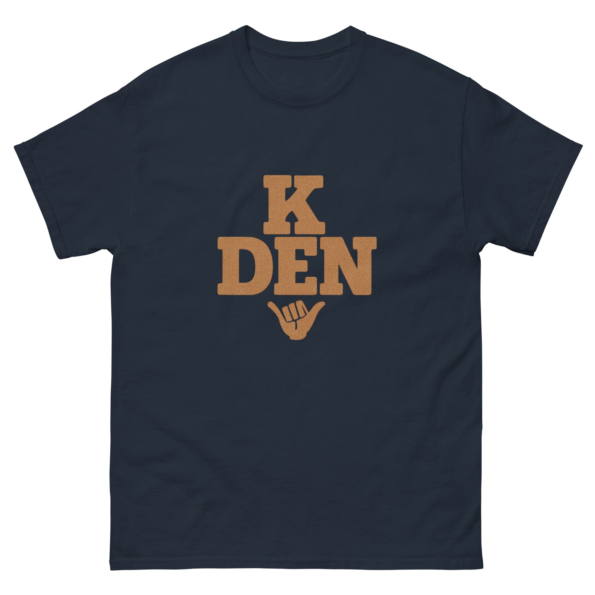 K Den Hawaiian t-shirt design on a Navy unisex tee