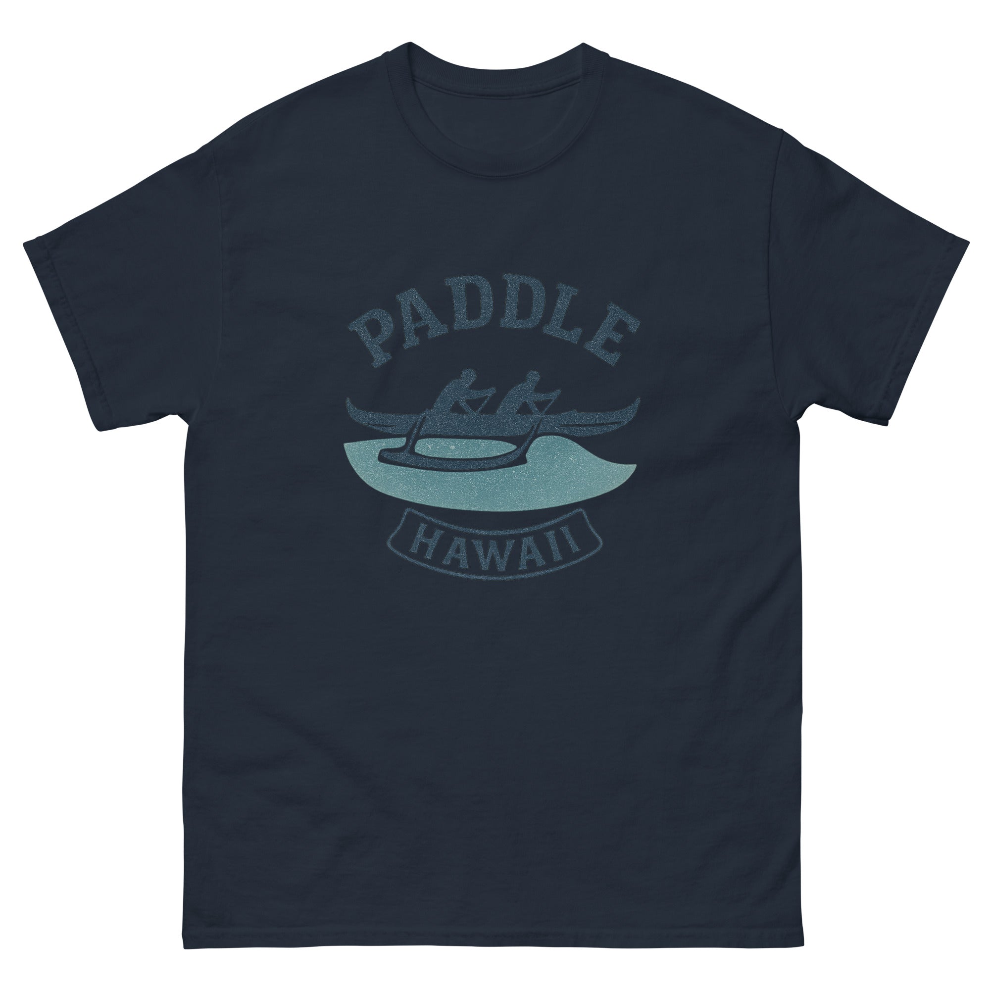 Outrigger Canoe Hawaiian t-shirt design on a Navy unisex tee
