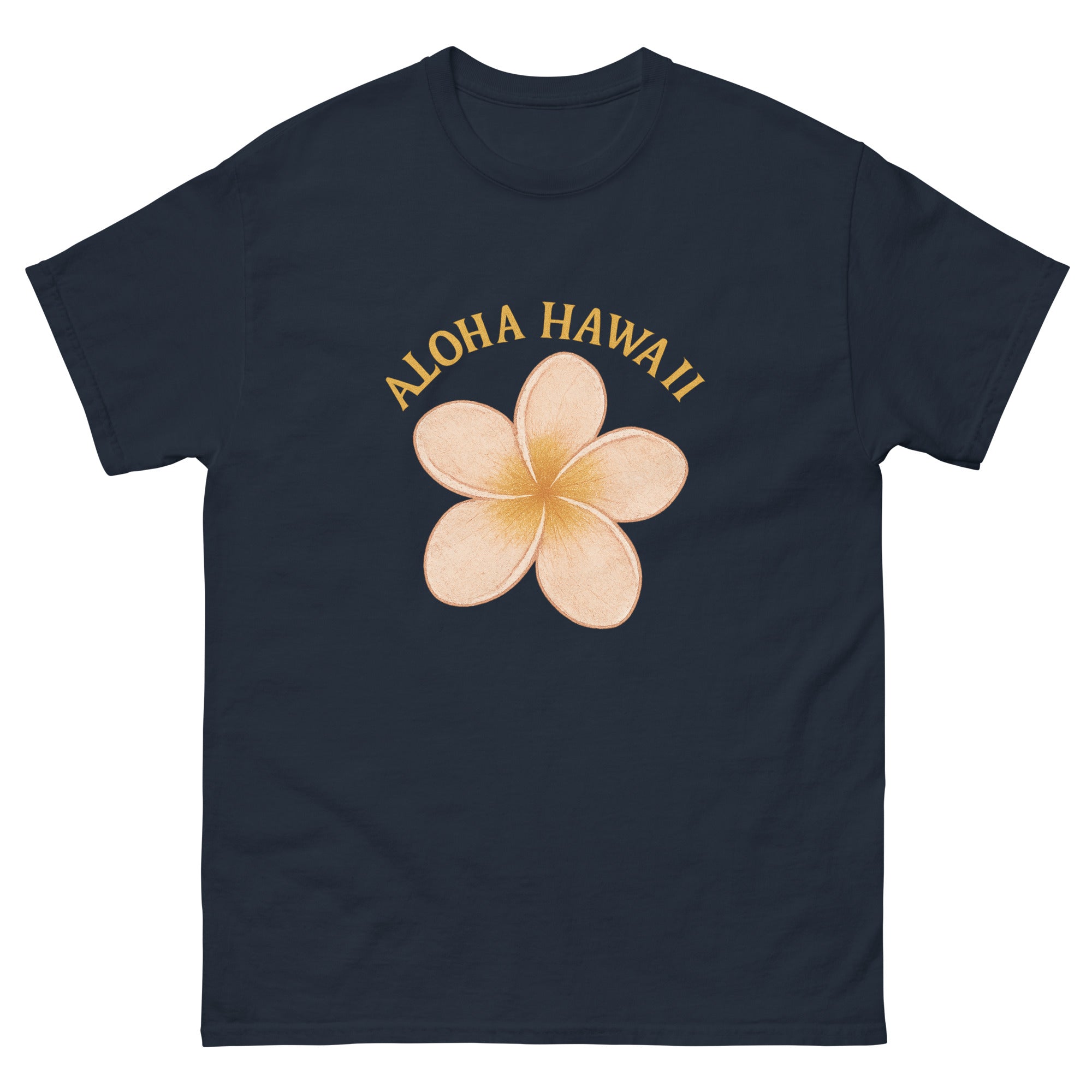 Plumeria Hawaiian t-shirt design on a Navy unisex tee