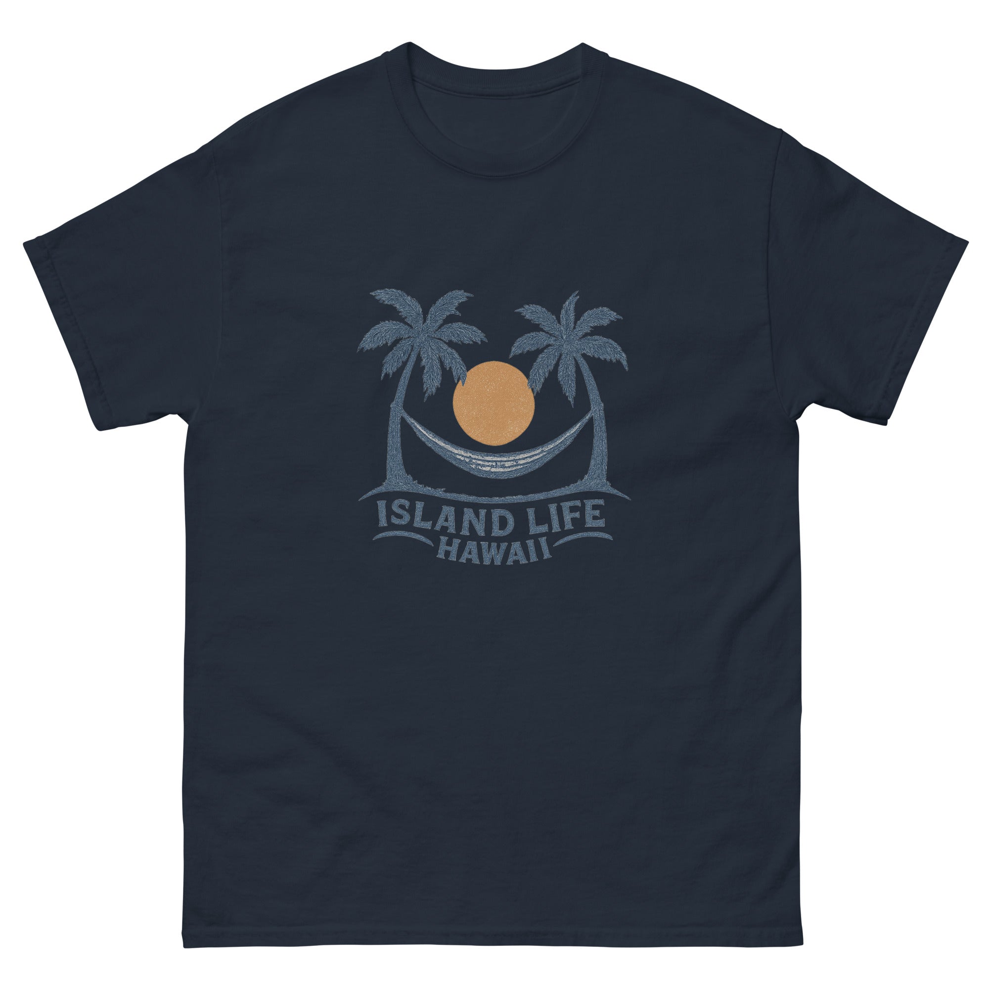 Hammock Hawaiian t-shirt design on a Navy unisex tee