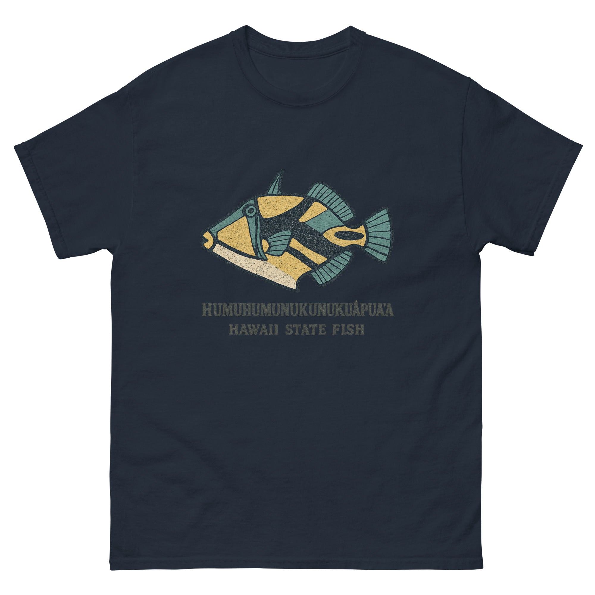 Humuhumu Fish Hawaiian t-shirt design on a Navy unisex tee