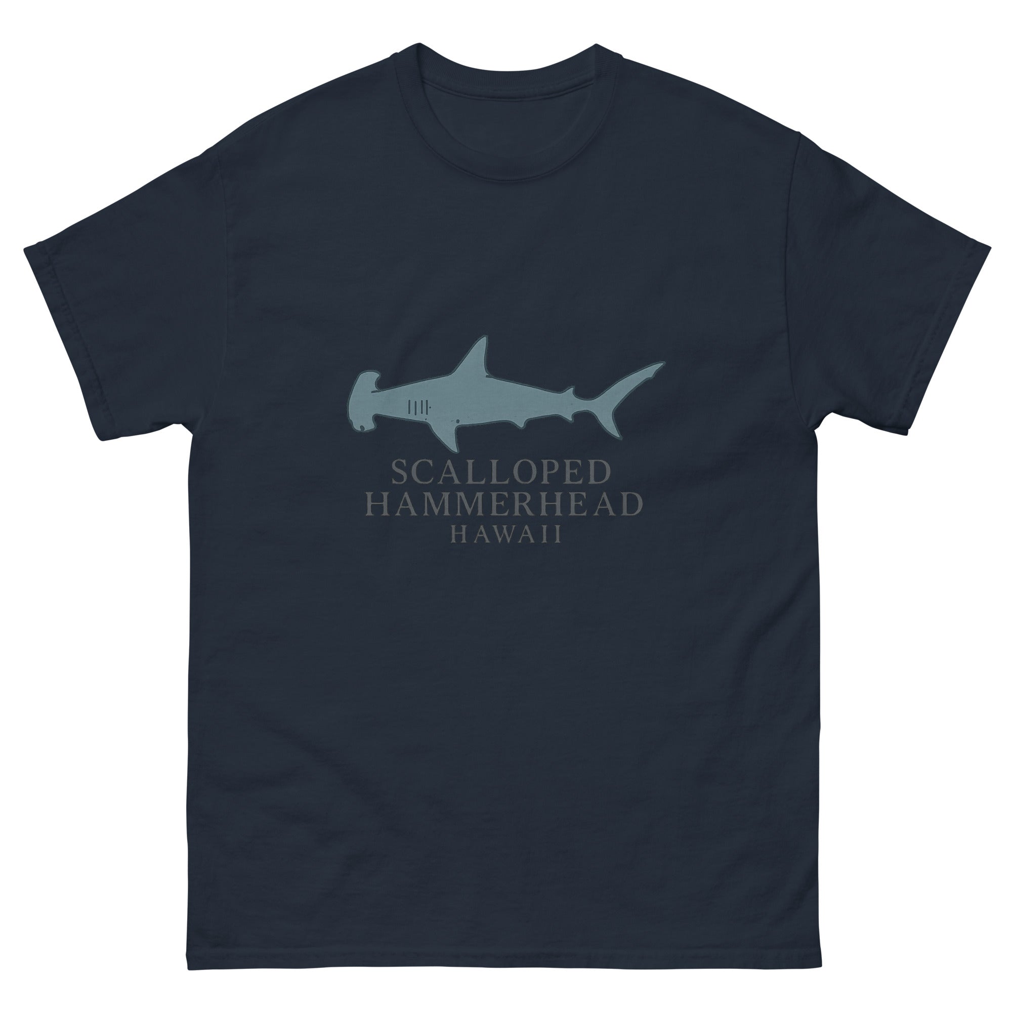 Hammerhead Shark Hawaiian t-shirt design on a Navy unisex tee