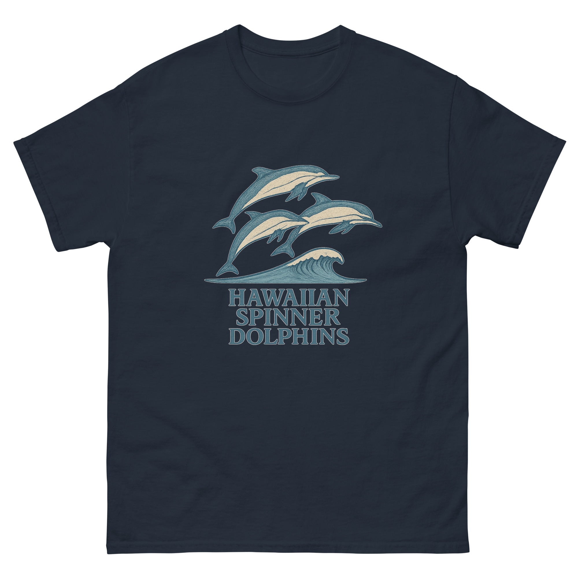 Spinner Dolphins Hawaiian t-shirt design on a Navy unisex tee