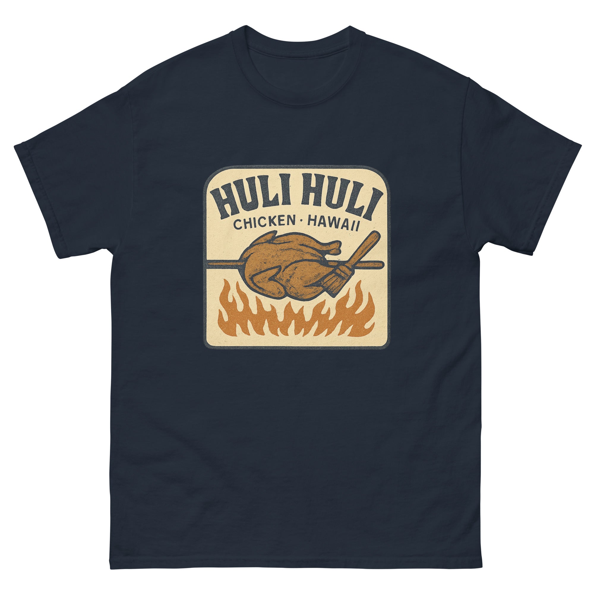 Huli Huli Chicken Hawaiian t-shirt design on a Navy unisex tee