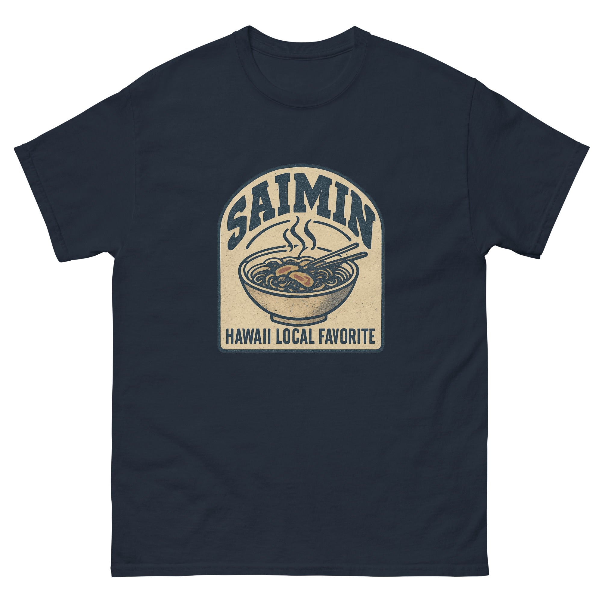 Saimin Hawaiian t-shirt design on a Navy unisex tee